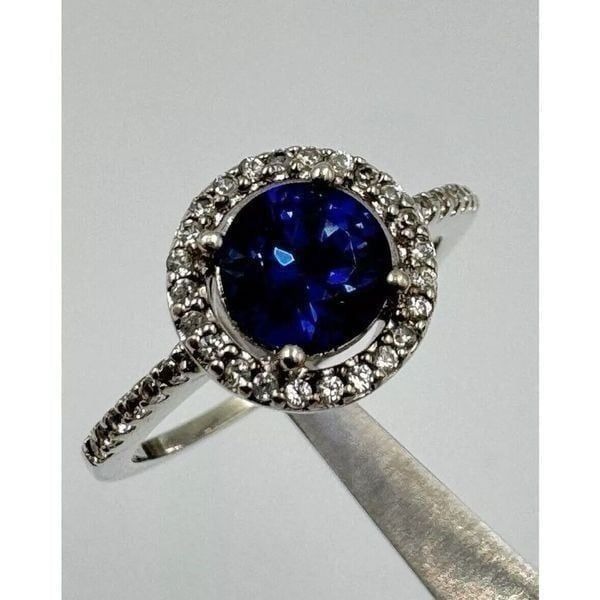 Sterling Silver Faceted Blue Topaz Cocktail Ring Clear Stone Accent Size 5.5