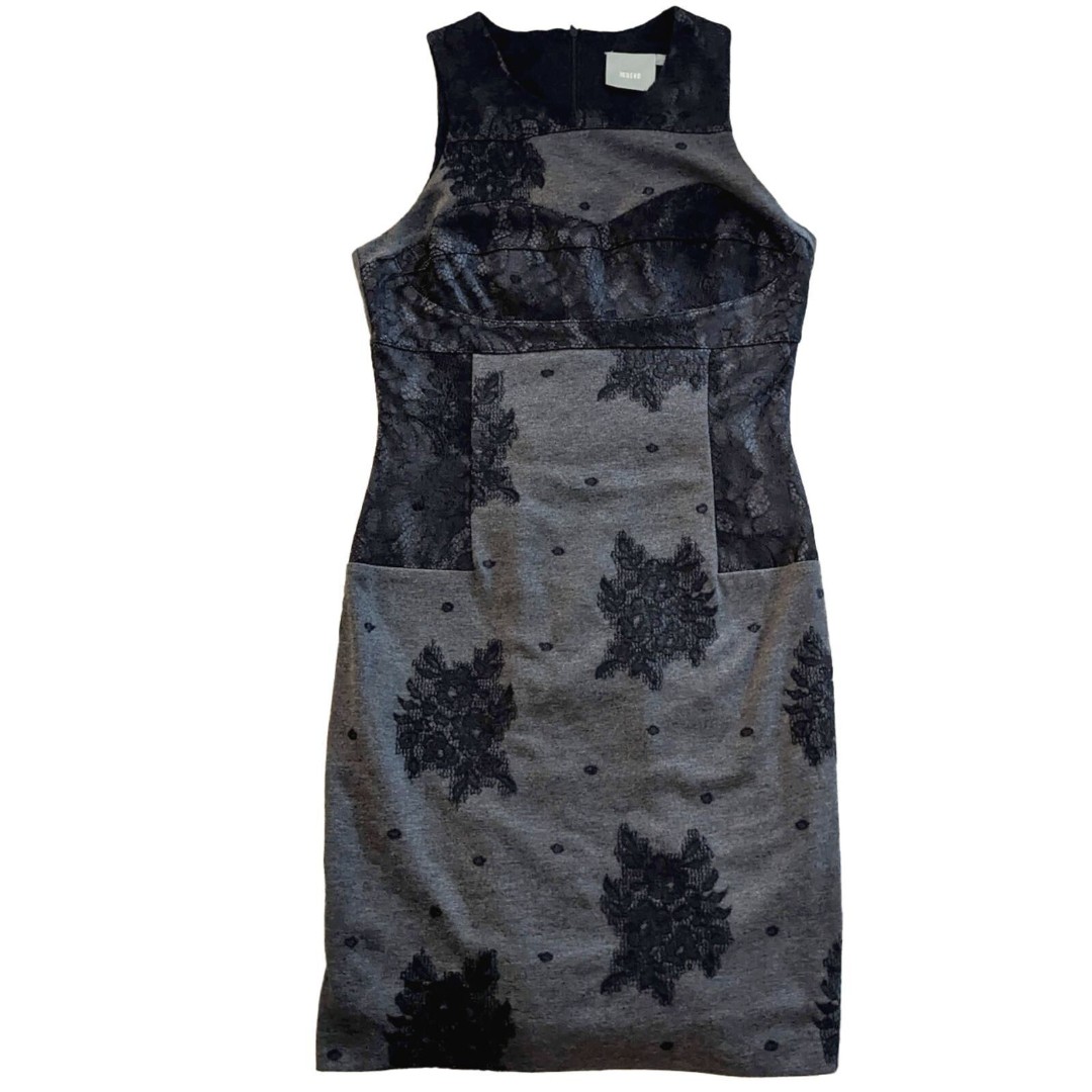 Anthropologie Maeve Dress Women's M Gray Midi Lace Bodycon Neutral Career Party