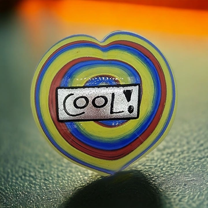 Signed Mad Art Studios Cool Art Glass Heart Yellow Red Blue Dichroic Paperweight