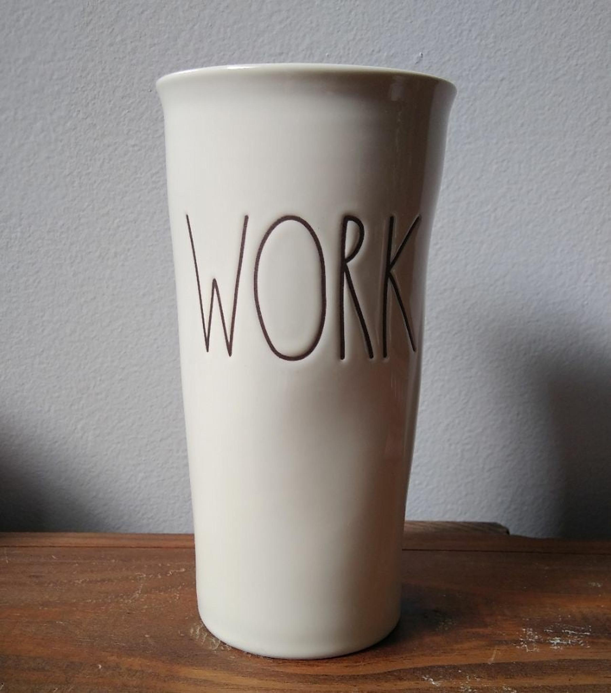 Rae Dunn "Work" ceramic coffee travel mug tumbler with lid Artisan Collection
