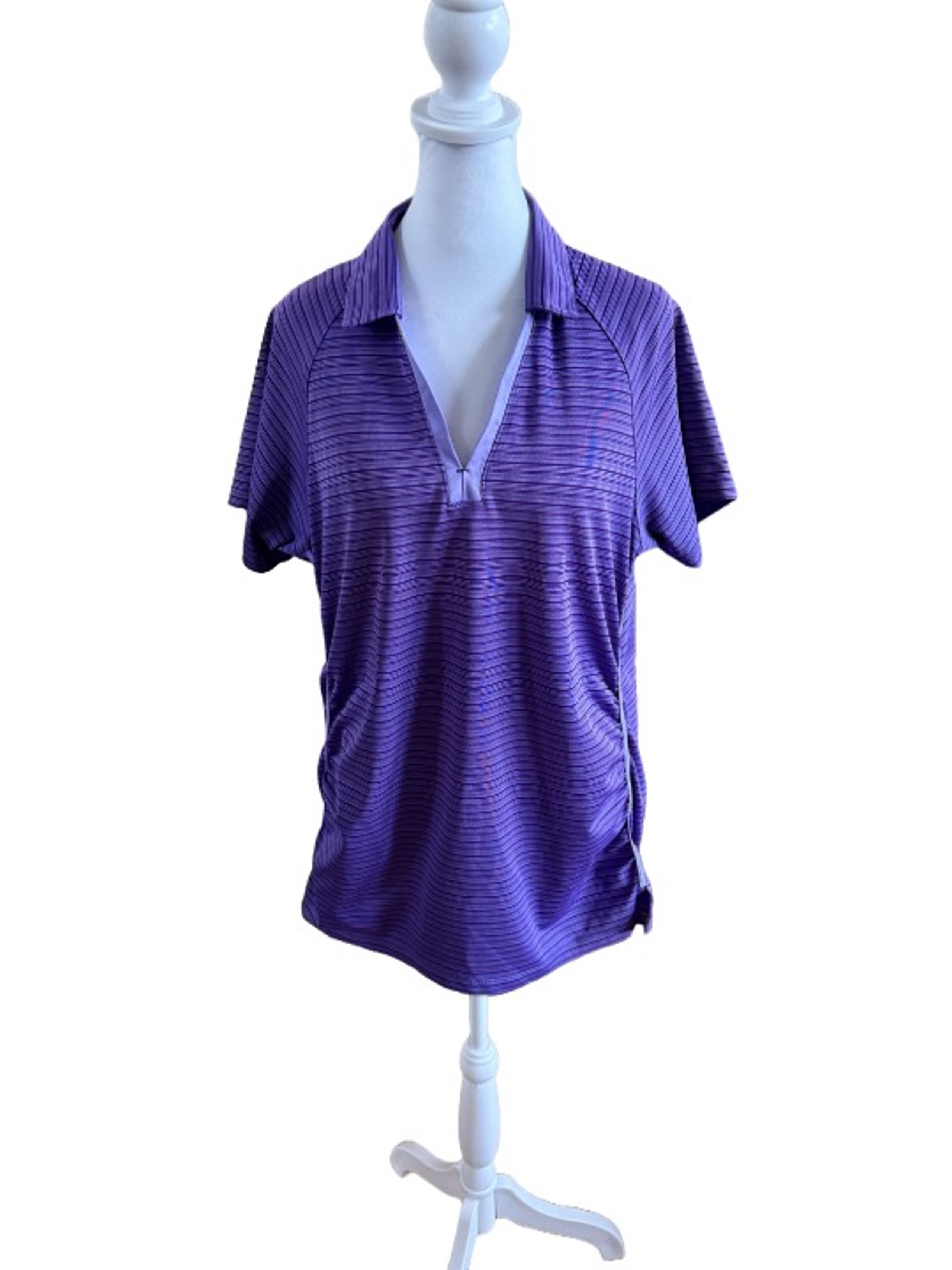 Women's Large Desert Dry Xtra Lite Purple Striped V-Neck Golf Polo - Antigua
