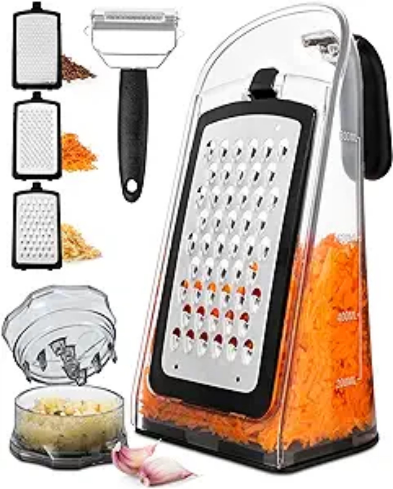 Cheese Grater with Garlic Crusher - Box Grater Cheese Shredder - Cheese Grater