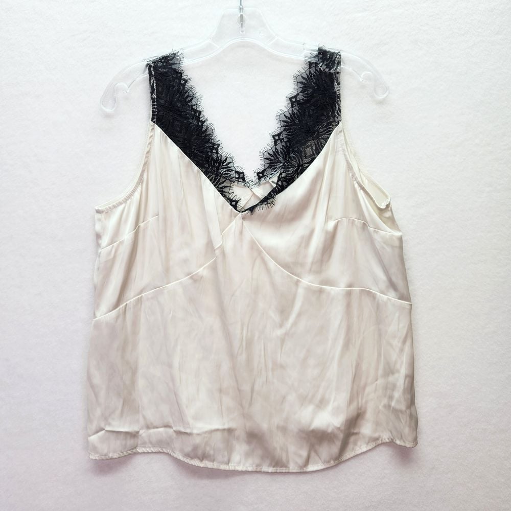 Worthington Ivory Satin Camisole Black Lace Trim Tank Size L Retro 90s Festival