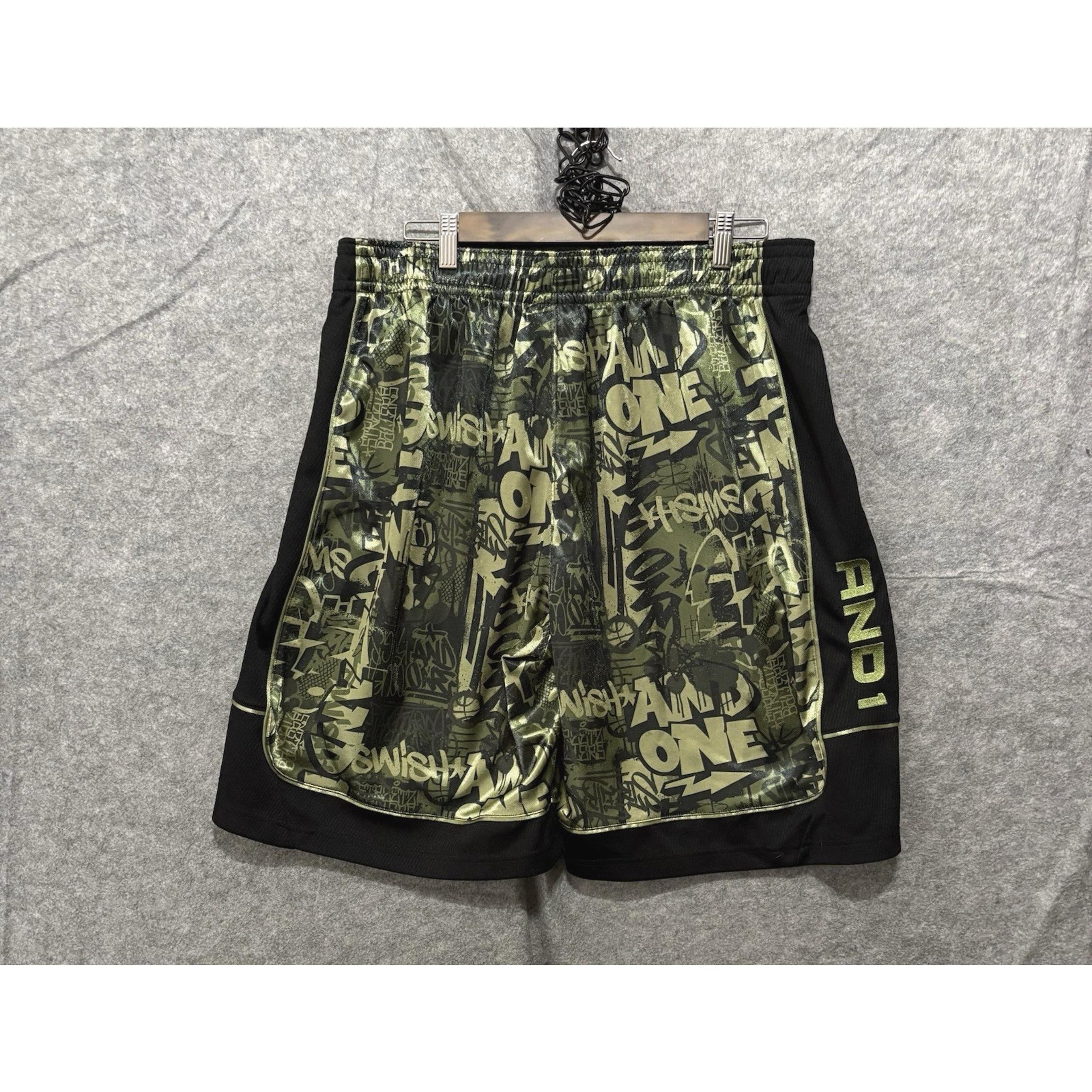 AND1 Basketball Shorts Mens XL Green Shiny Graffiti Logo Drawstring Y2K