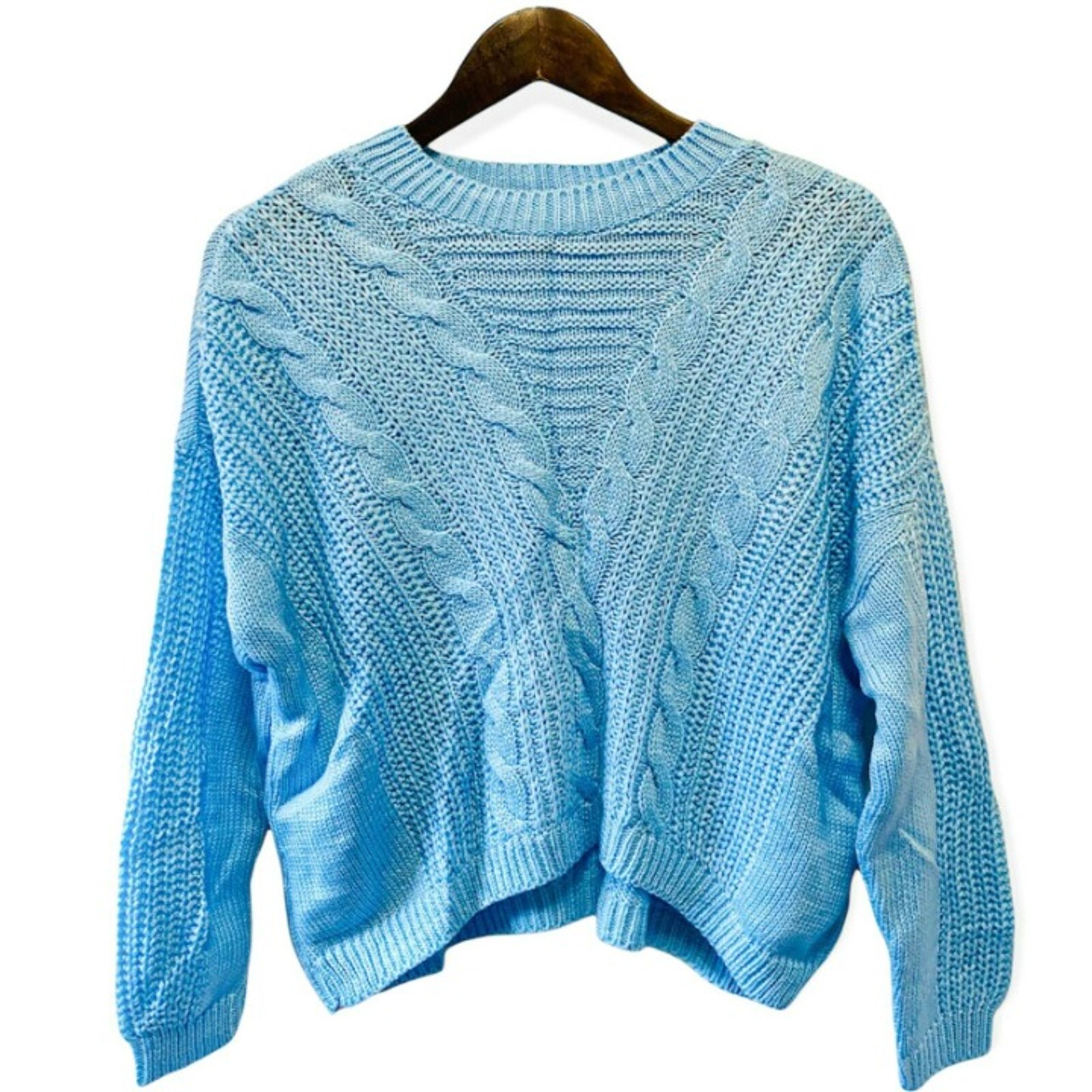 Abound Women's Size S Knit Crop Sweater Crew Neck Long Sleeve Bright Solid Blue