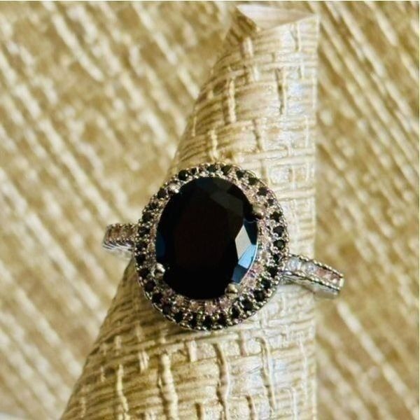 925 Sterling Silver Oval Cut Black Onyx & White Lab-Created Diamonds Ring