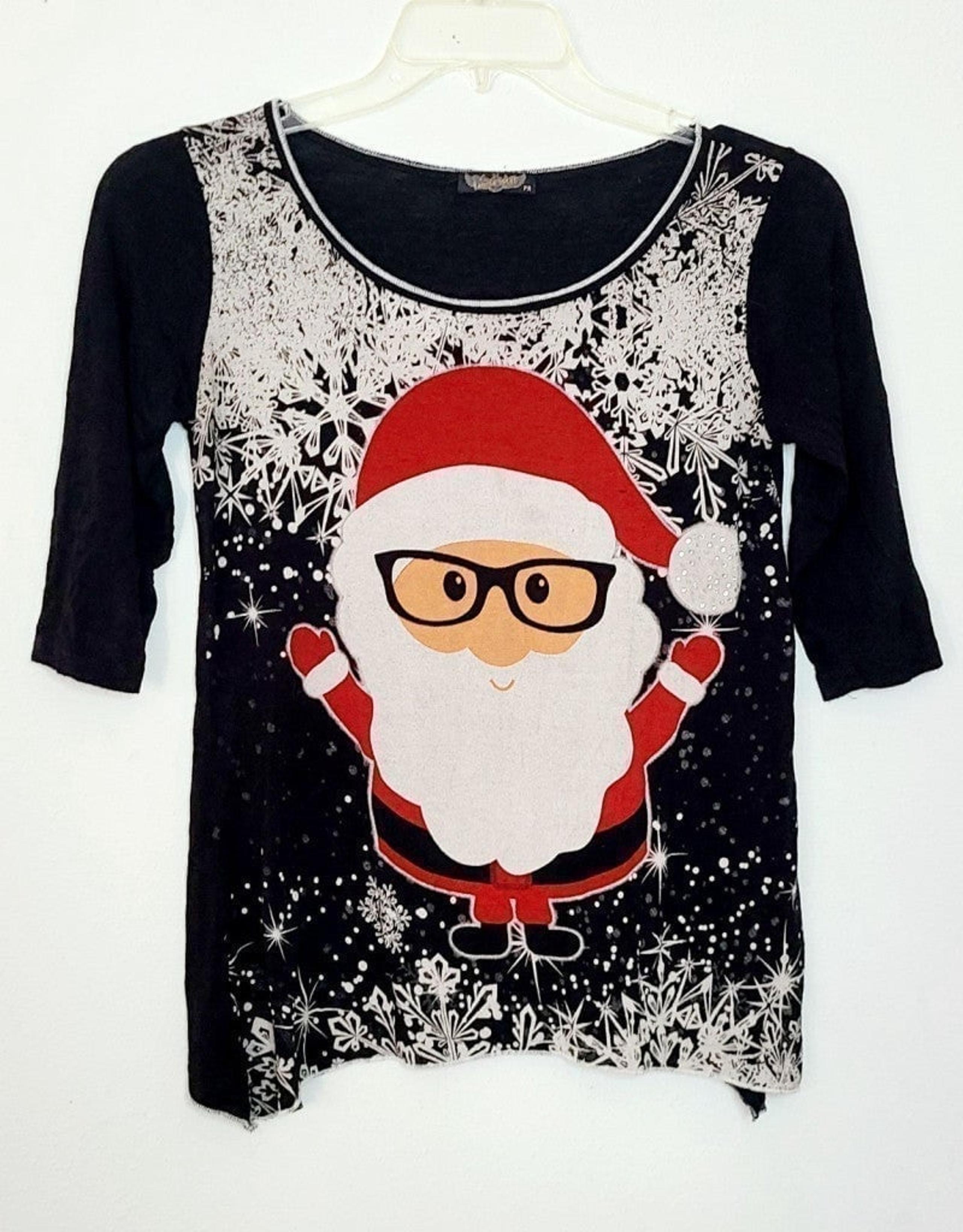 Cute Chibi Santa Nerd Glasses Christmas 3/4 Sleeve Shirt Petite Sz M