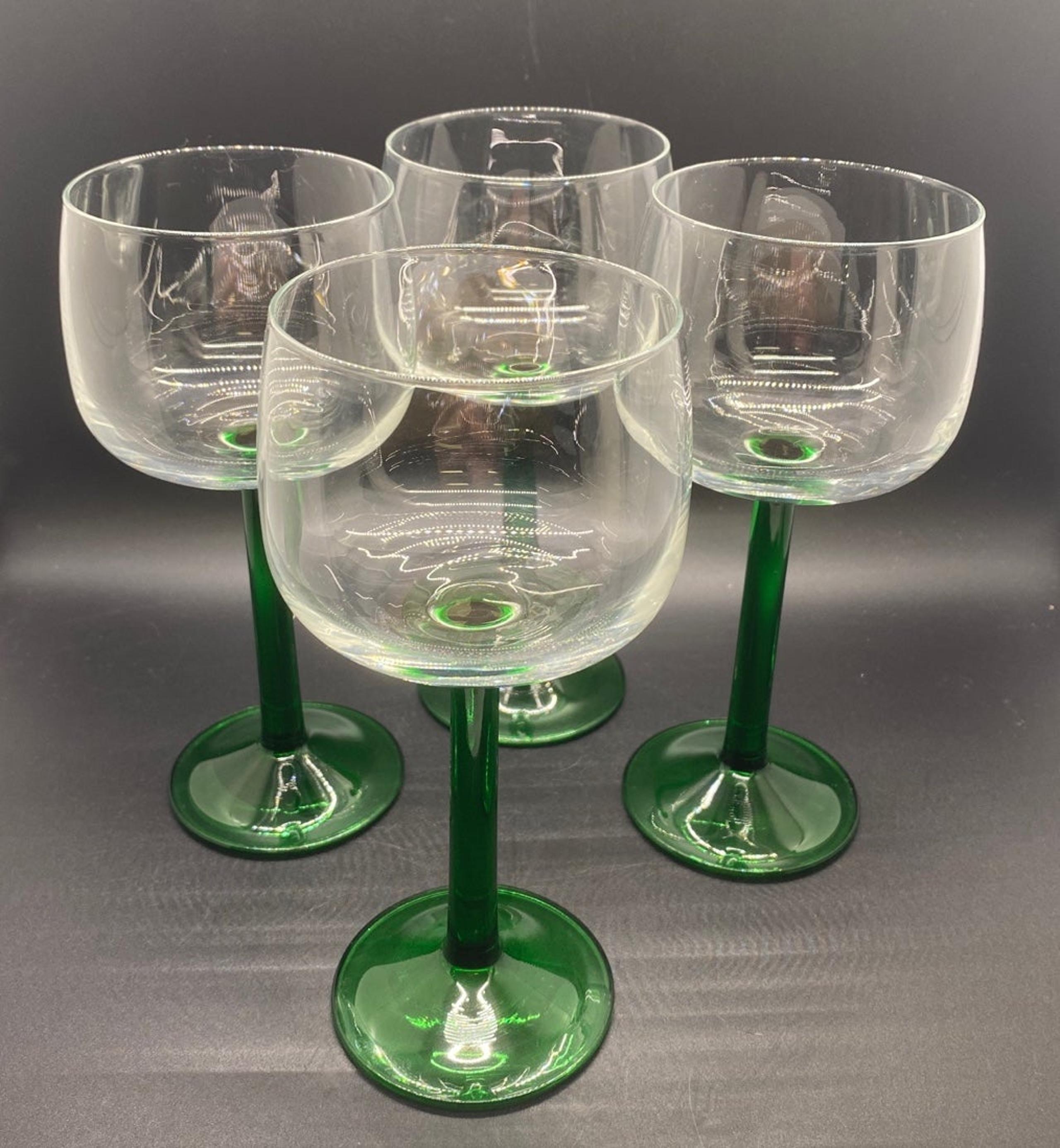 Cristal d'Arques France hock wine glasses, crystal clear bowl w/ green stem (4)