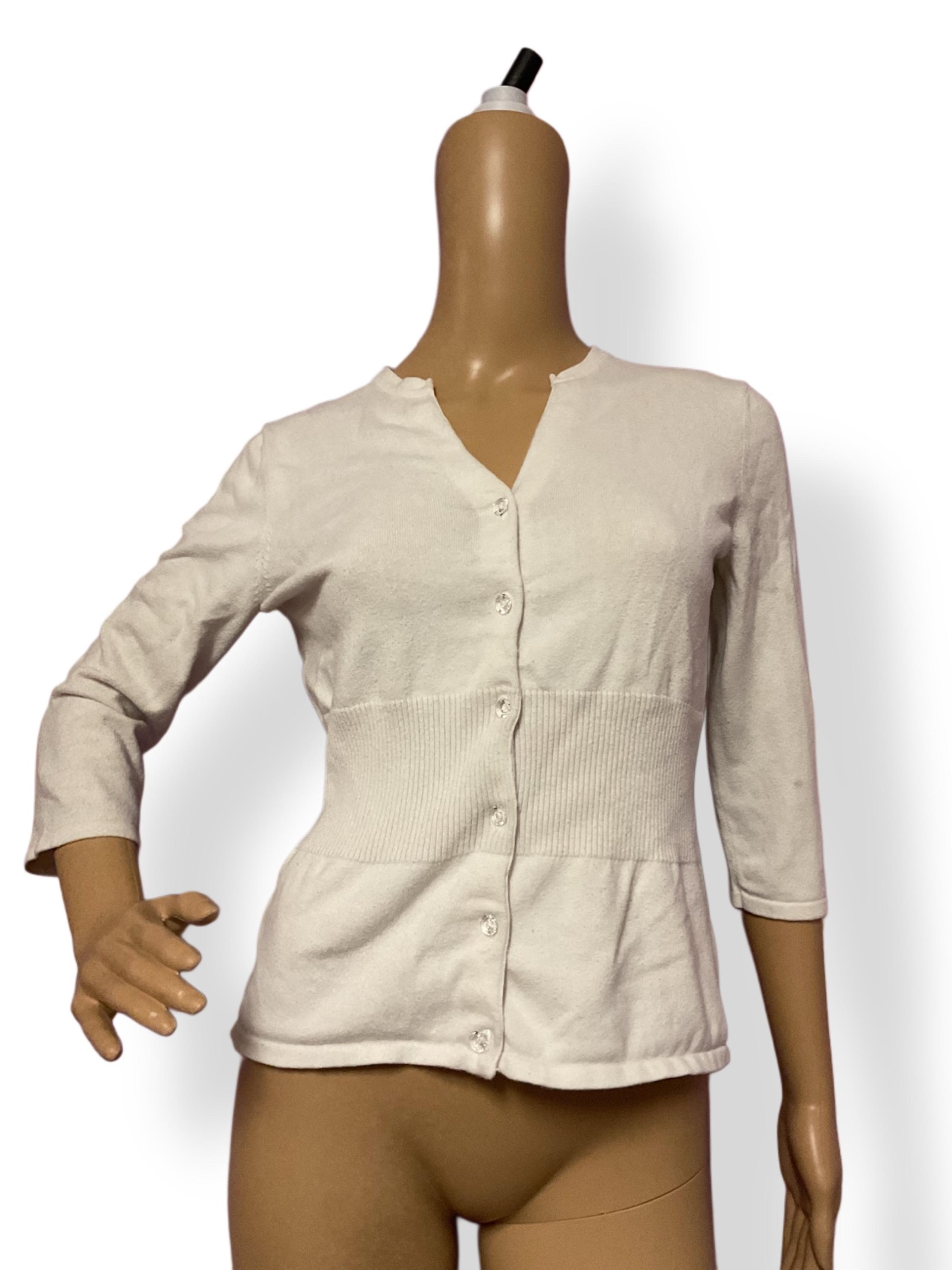 Y2K Rare Kersh Essentials Women’s White Cinched Cardigan Size L Ribbed V Neck
