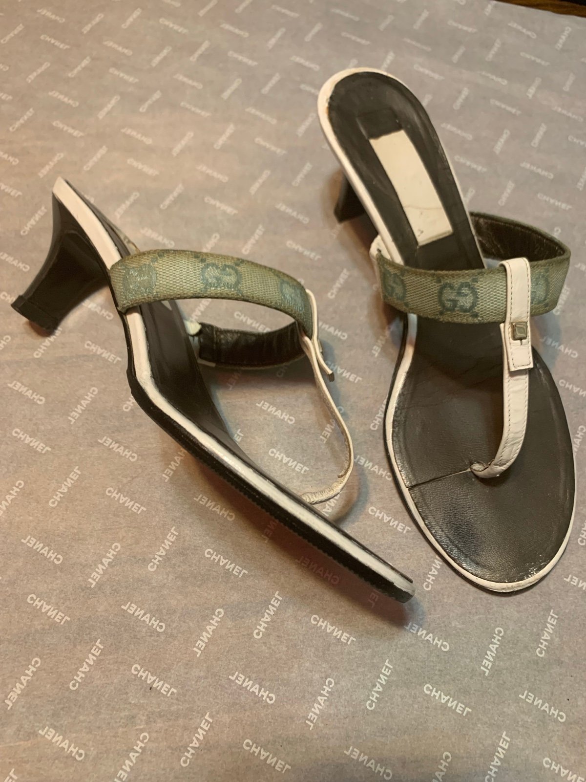 GUCCI Monogram Denim Kitten Heel 7