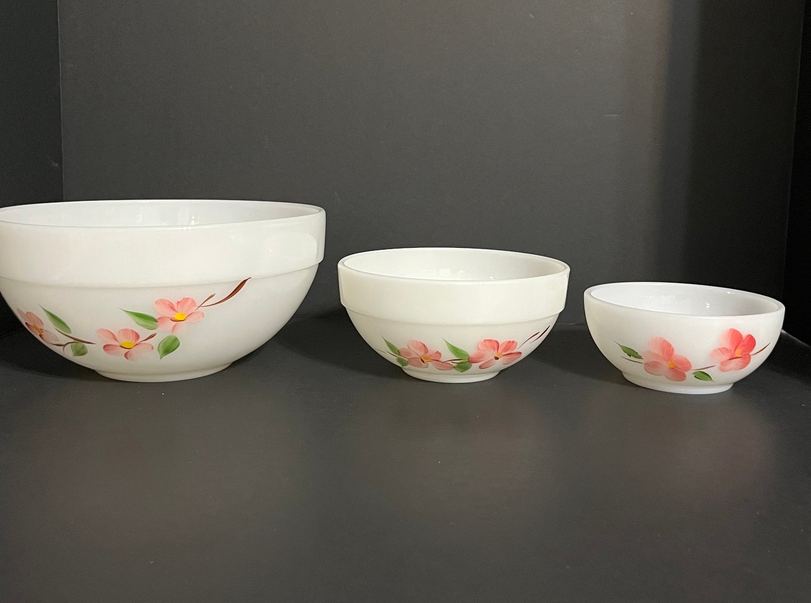 Vintage Fire King Peach Blossom bowls Pink flowers set of 3