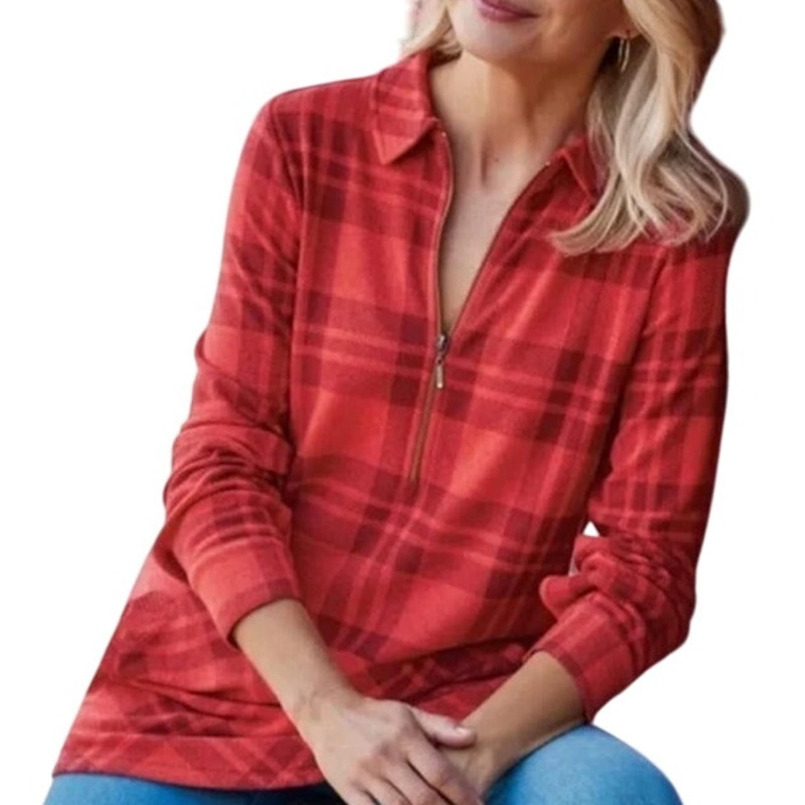 Soft Surroundings Tunic Sweater Fleece Zip Up Bodice Plaid Orange Red Womens S