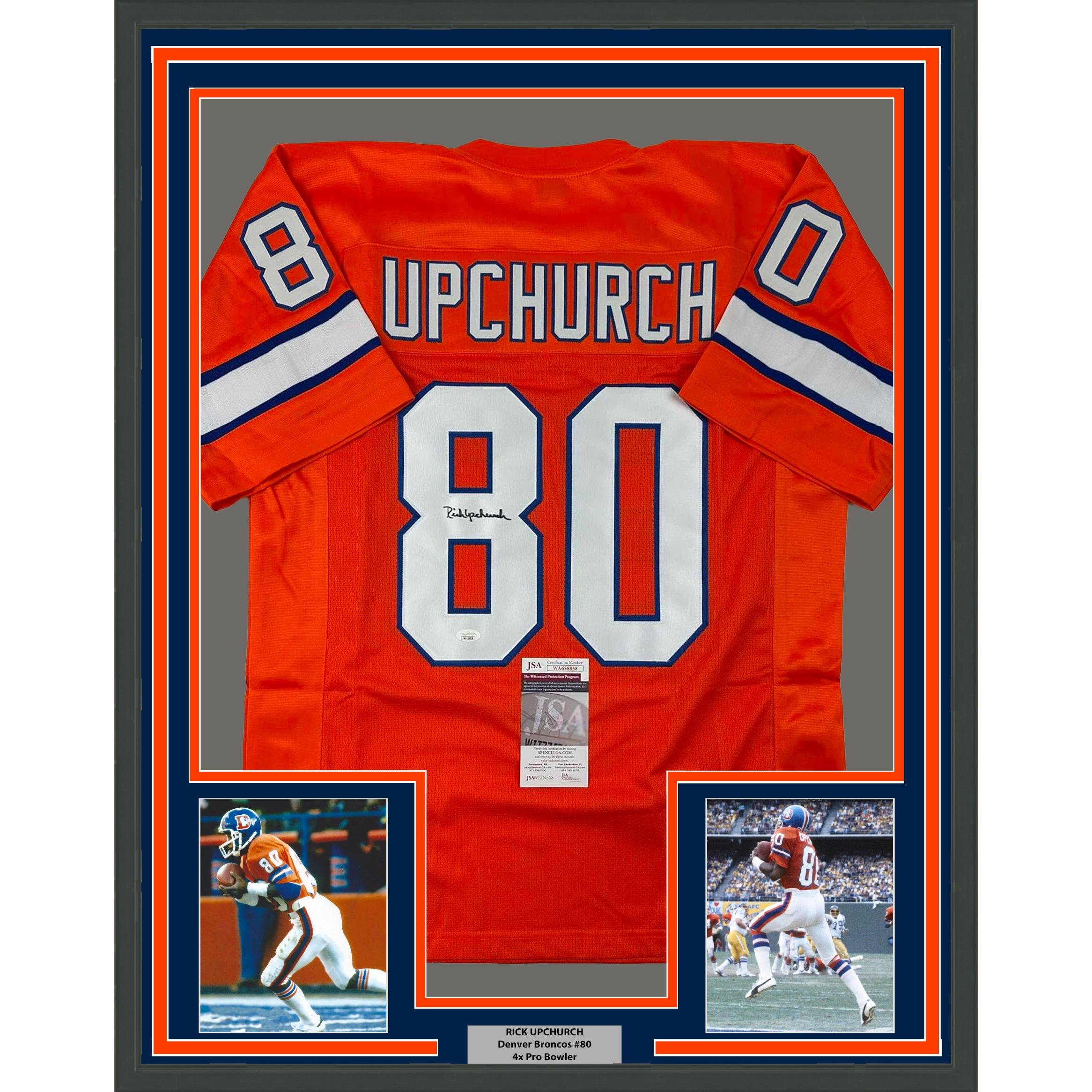 Framed Autographed/Signed Rick Upchuh 35x39 Denver Orange Jersey JSA COA