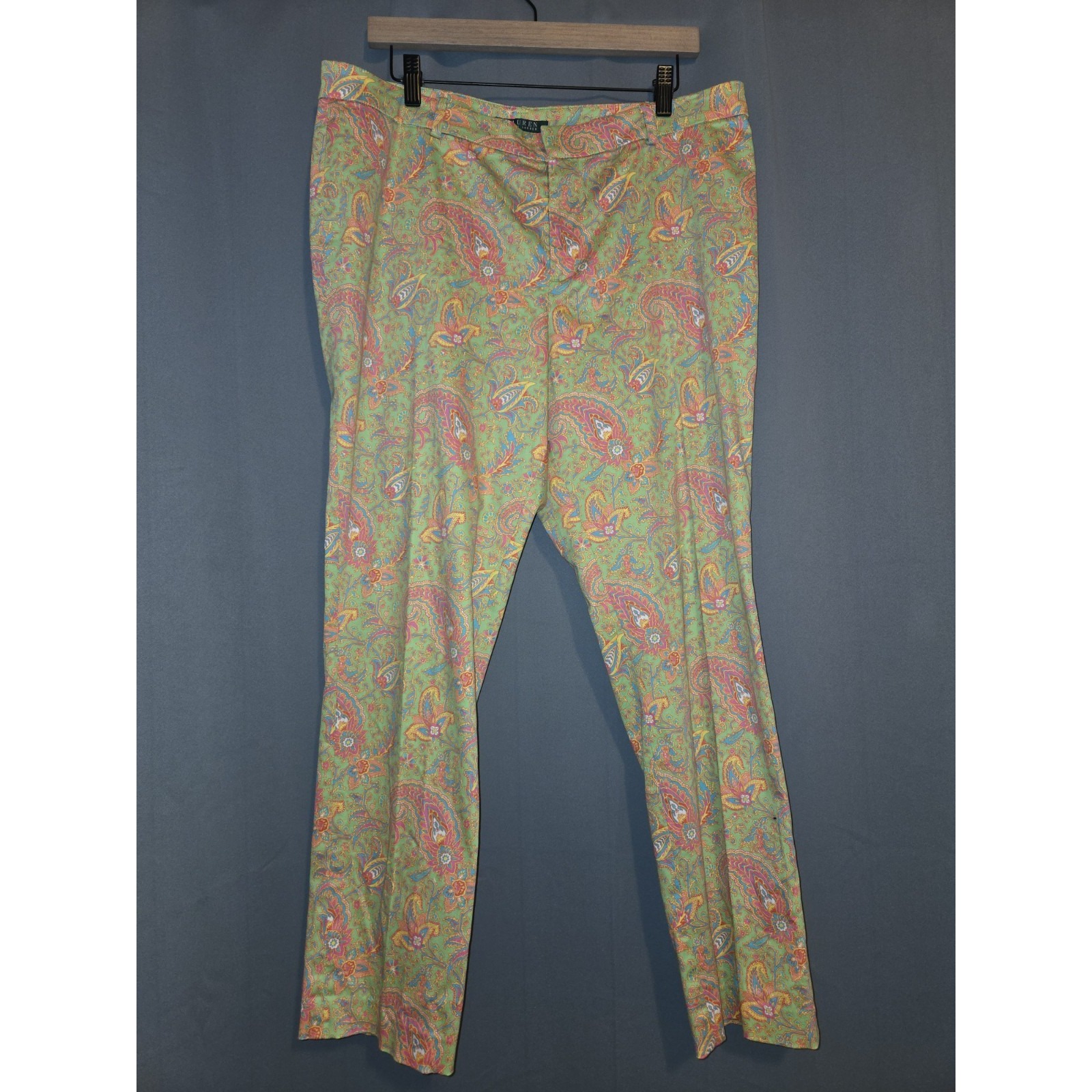 Lauren Ralph Lauren Lime Green Pink Paisley Chino Ankle Pants Women's Size 14