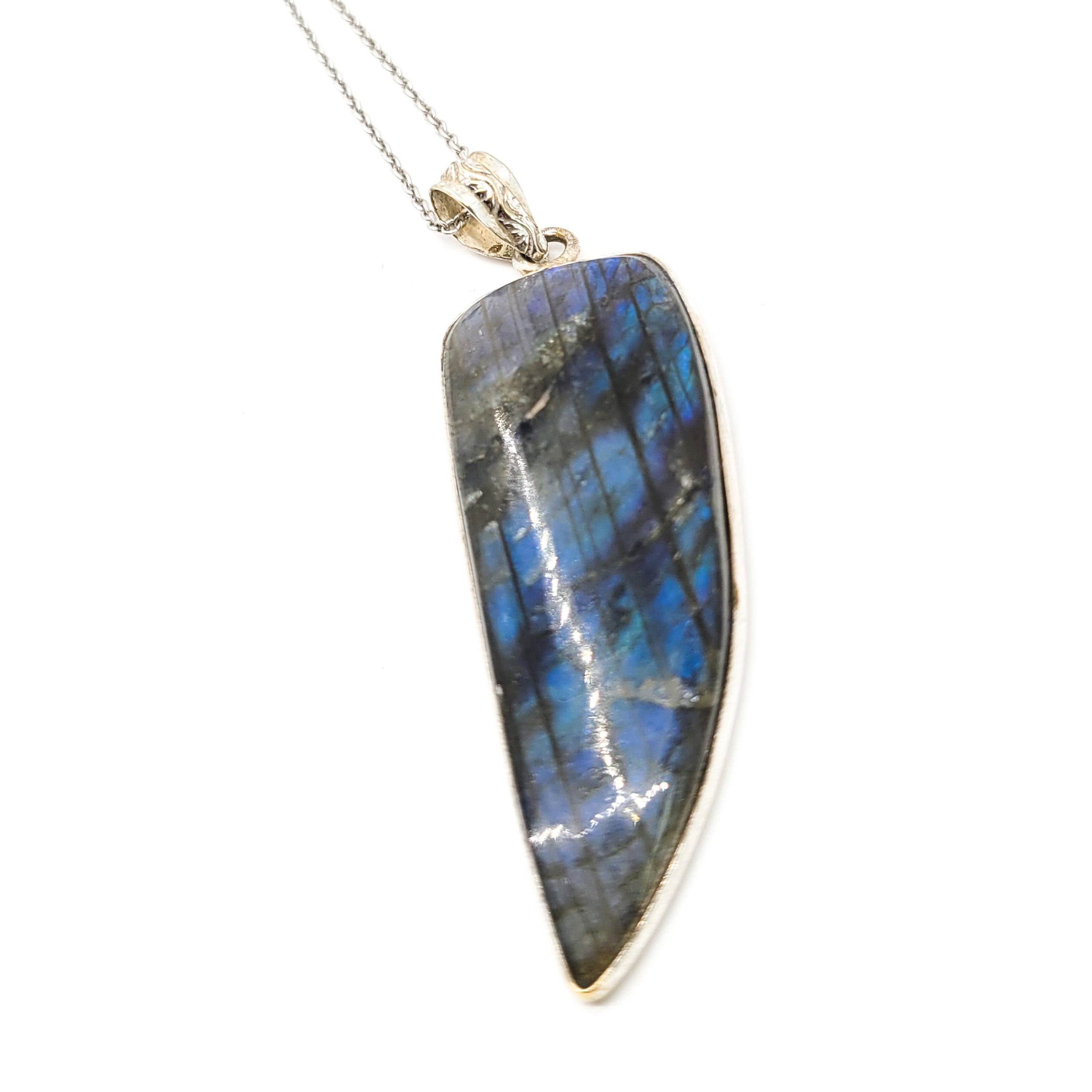 Deep Blue long Labradorite vintage sterling silver pendant necklace