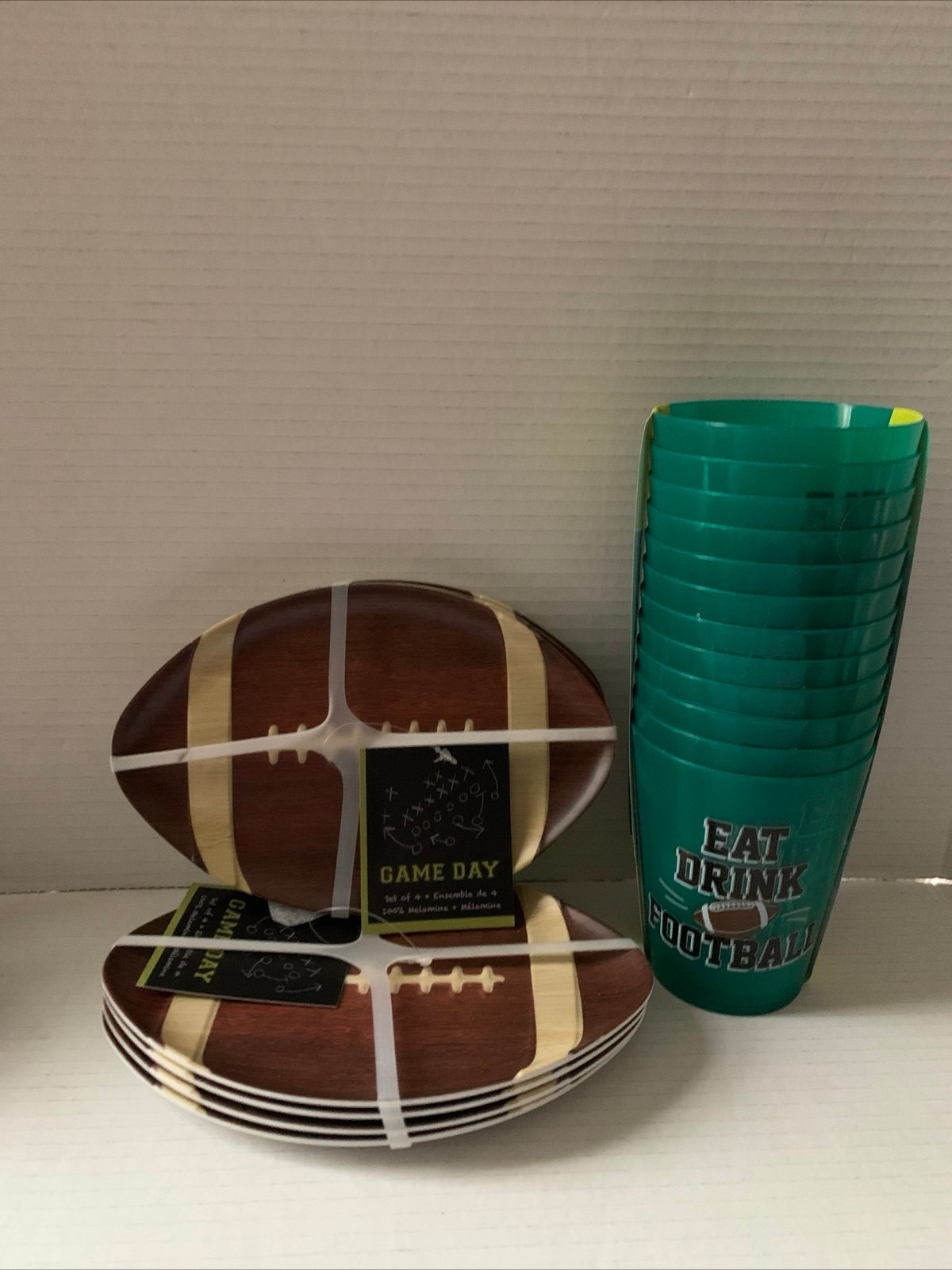 Game Day Football Shaped Melamine Appetizer Plates Set of 8 BPA FREE 12 Cups NEW
