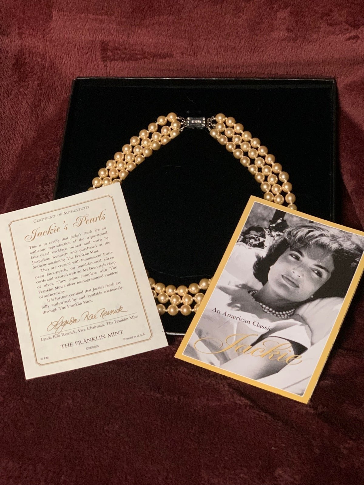 Vintage Franklin Mint Jackie Kennedy Faux 3 Strand Pearl Necklace w/Cert. SALE!
