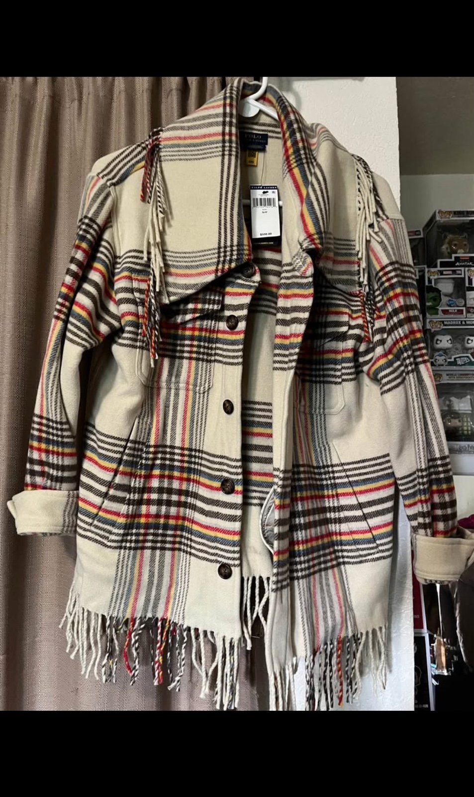 POLO RALPH LAUREN FRINGE TRIM PLAID OFF WHITE JACKET