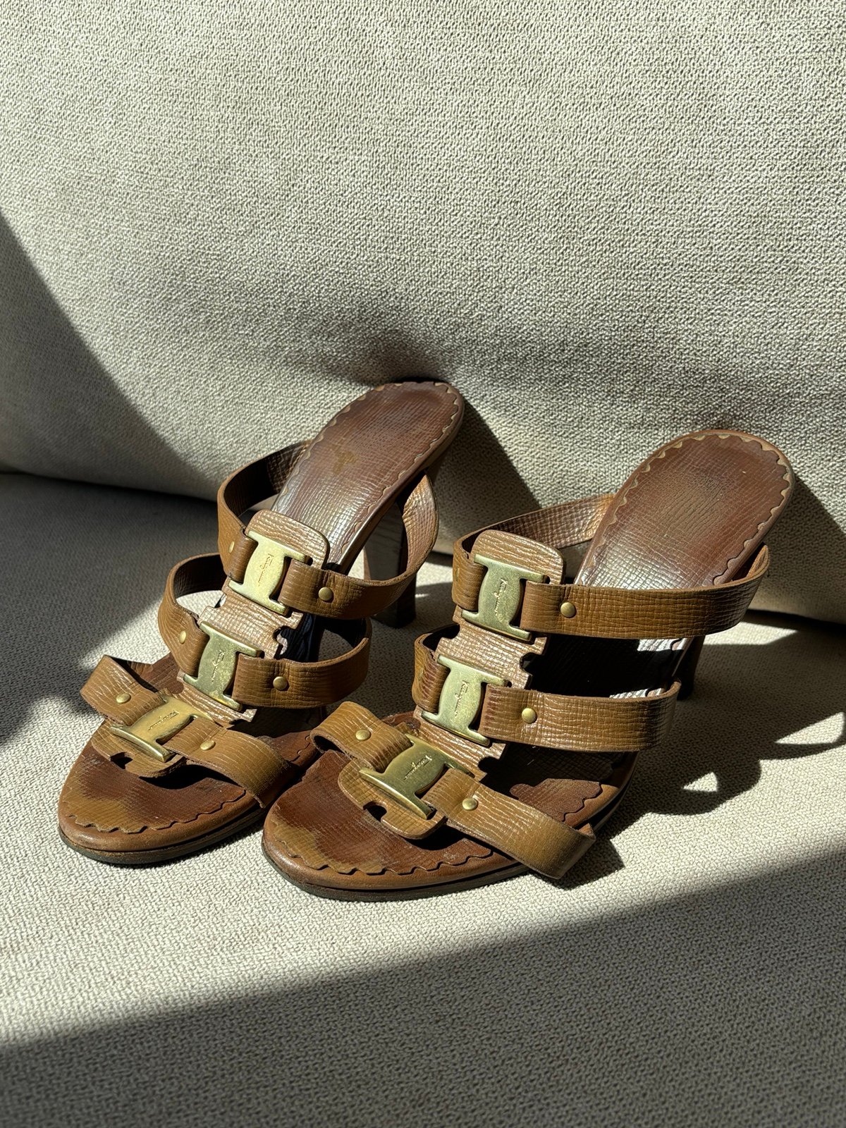 Salvatore Ferragamo Three strap Vera Logo Brown Leather Open Toe Heel Mules S5.5