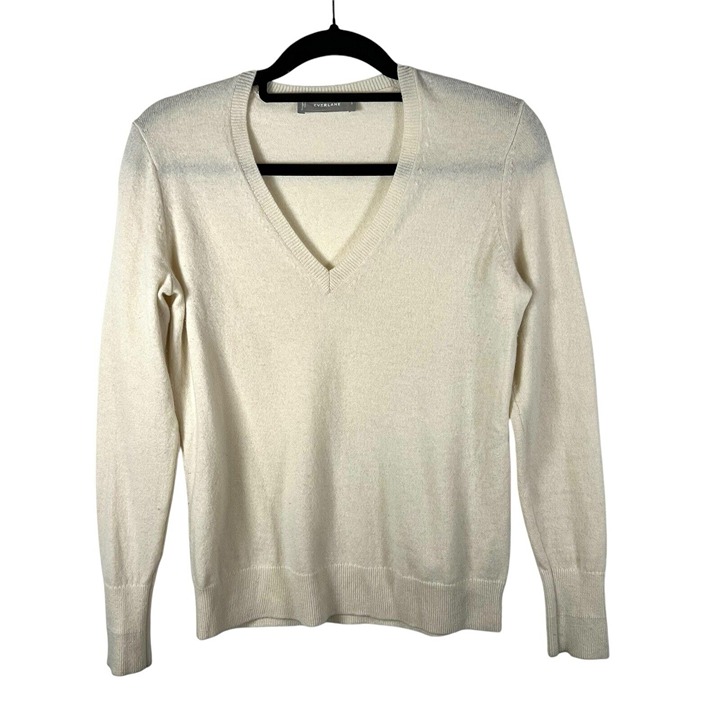 Everlane Womens Small 100% Cashmere V-Neck Sweater Beige Quiet Luxury Minimalist