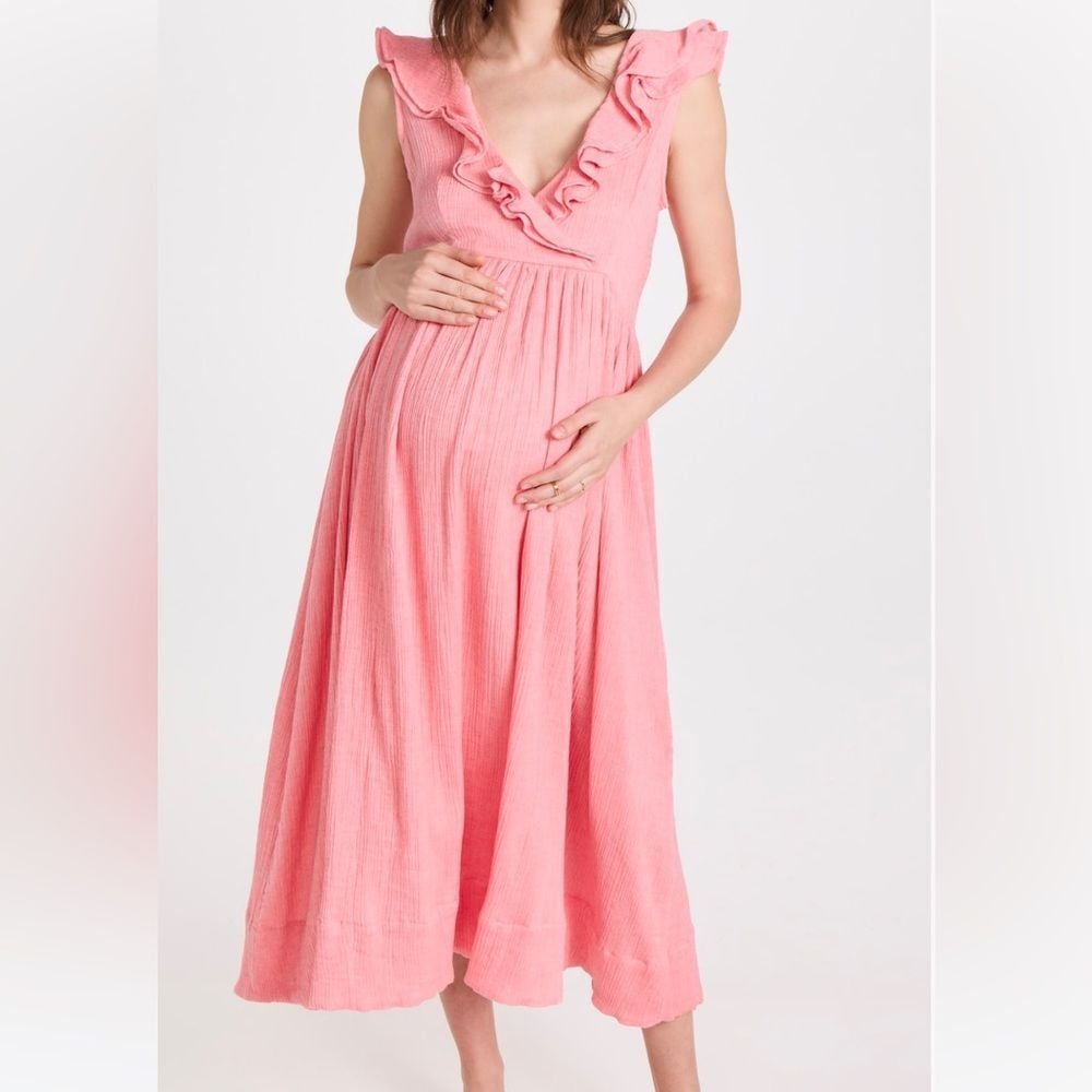 Hatch Maternity Dress The Sarah Ruffle Gauzy Cotton Cottagecore Midi Pink