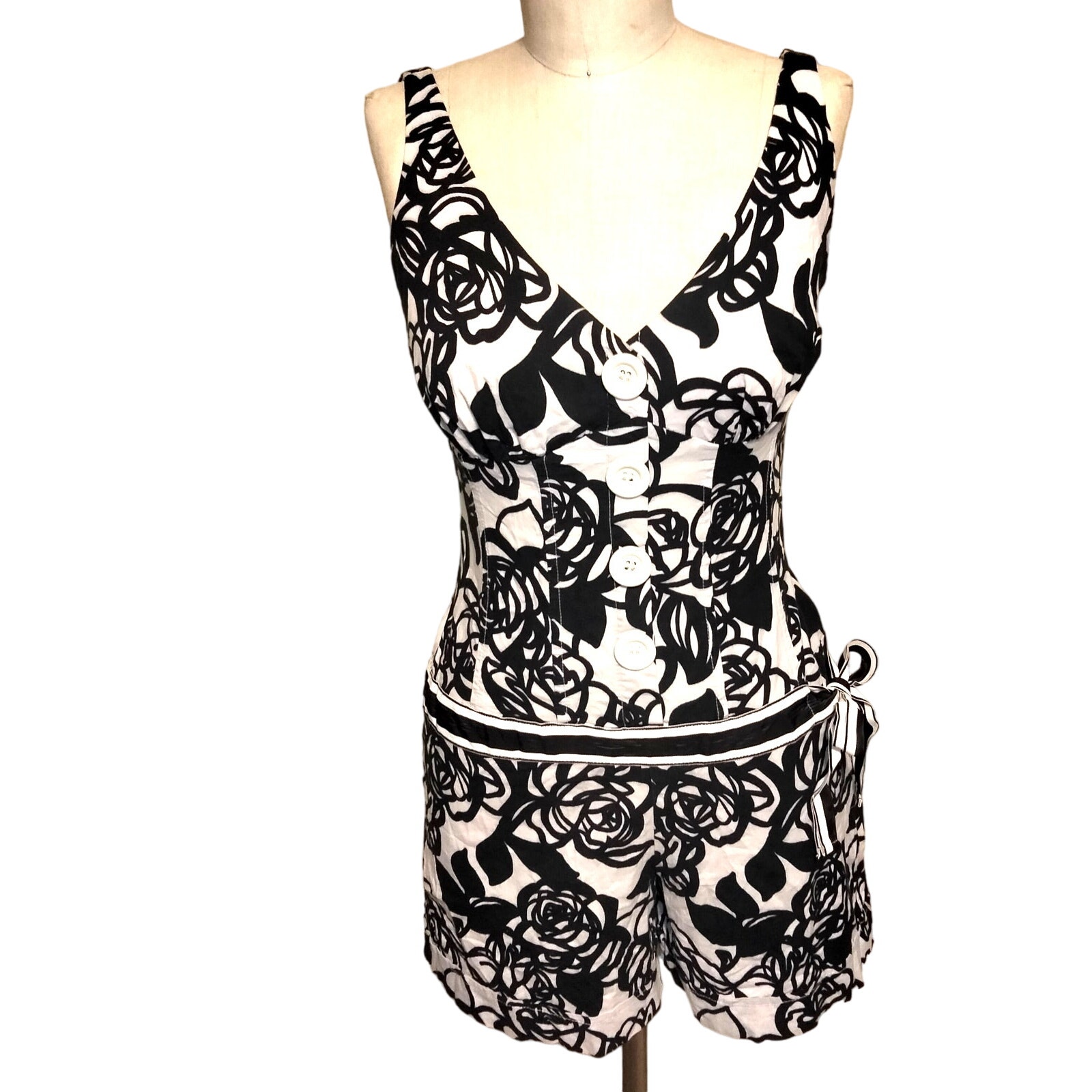 Cache Vintage Y2K Black & White Floral Print Short Romper 2