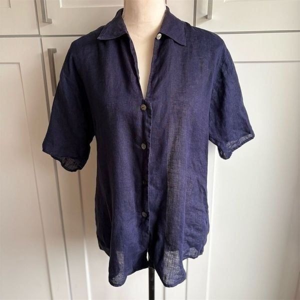 Diana Slavin Blue Short Sleeve Button-Up Shirt Size 2 Semi Sheer Linen Oversized