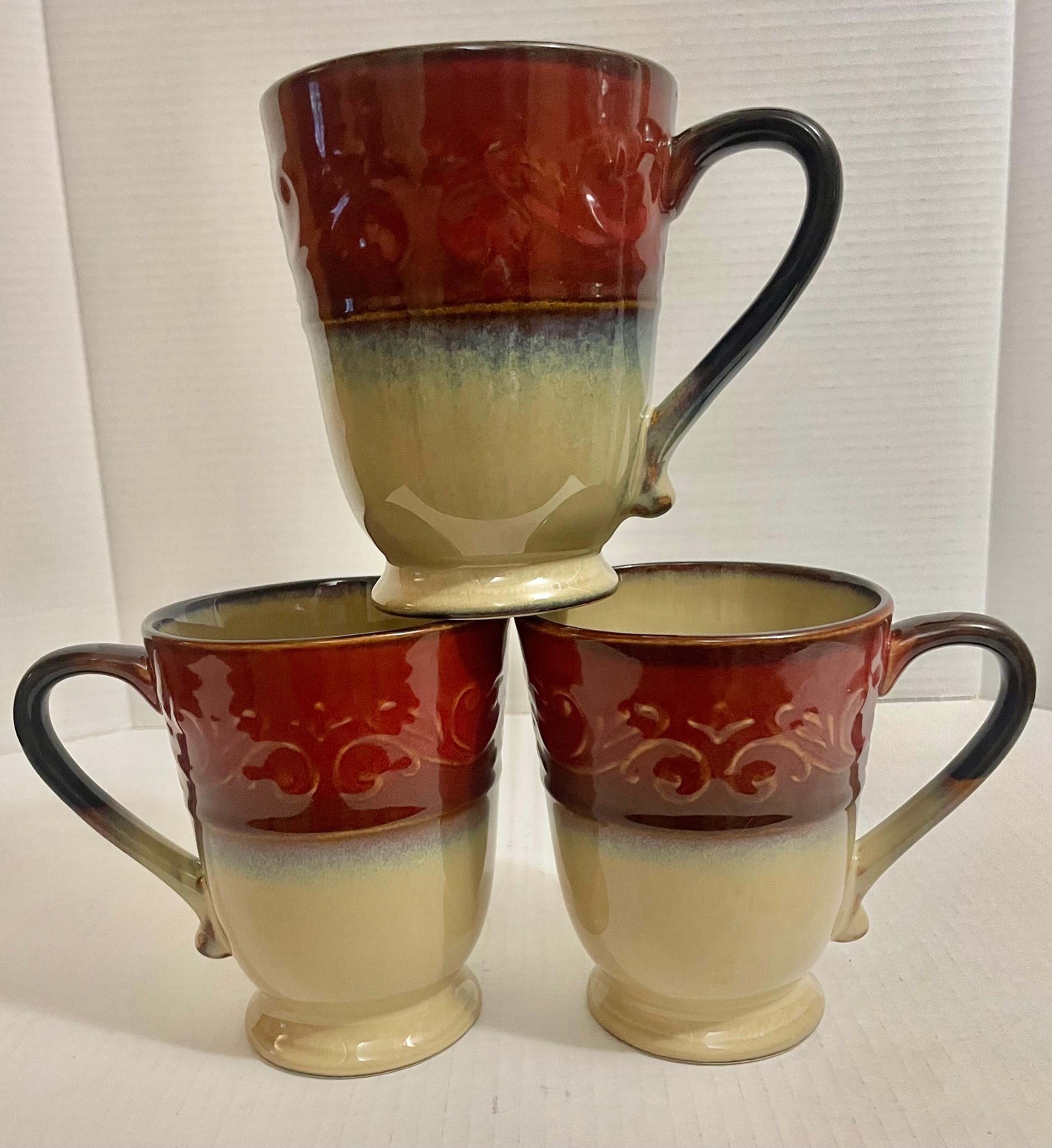 Pier1 Red Scroll With Blue Accents Footed Coffee Mug 5.25x 4.25”