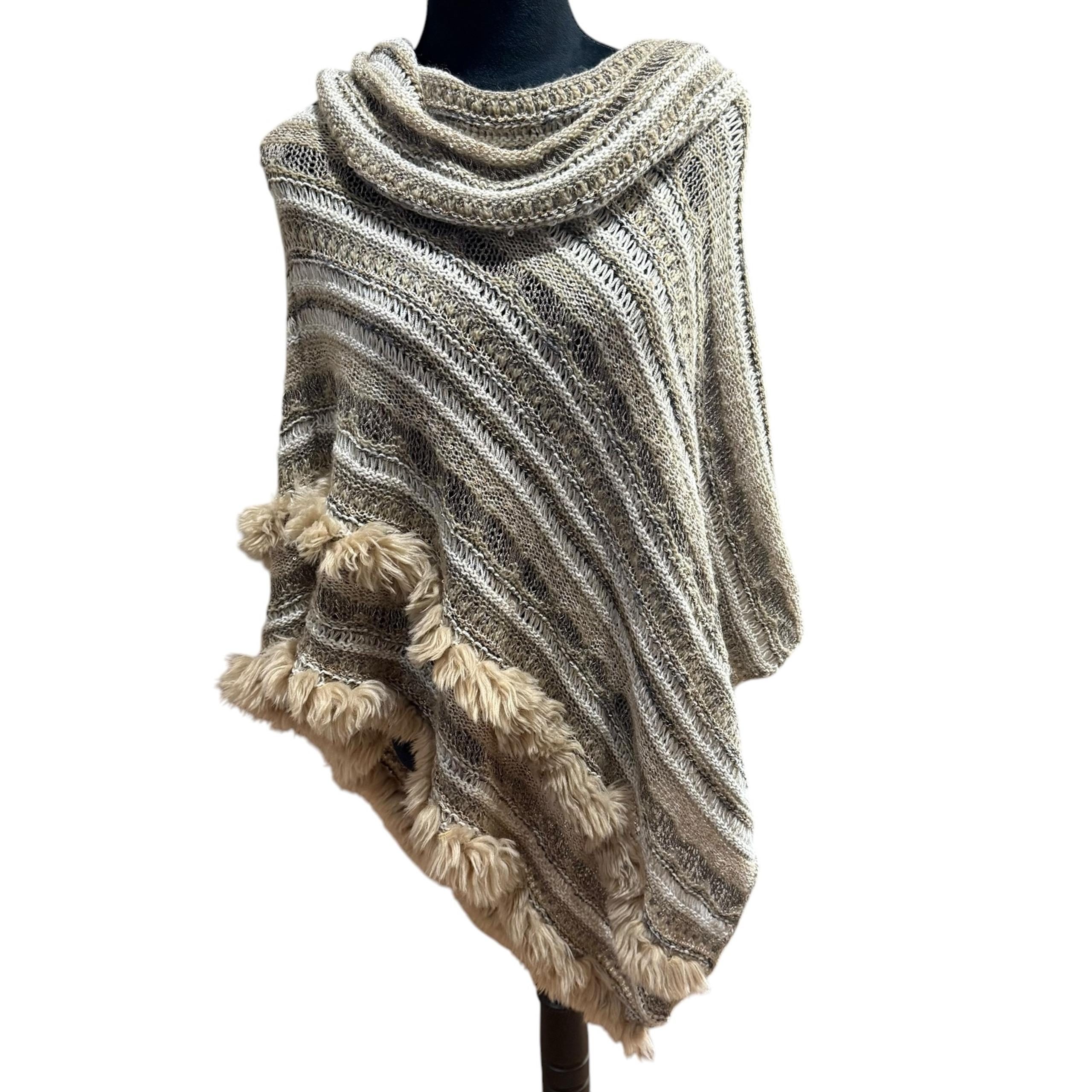 Chico’s Womens Size S/M Beige Tan Cowl Neck Faux Fur Trimmed Poncho Sweater