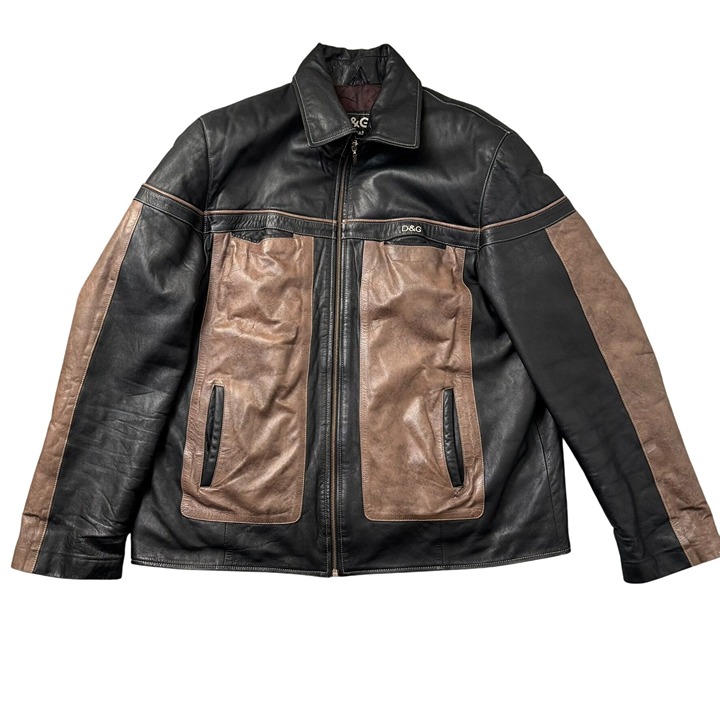 VTG Women's D&G Dolce & Gabbana Two Tone Leather Jacket Size 3XL Moto Y2k Design