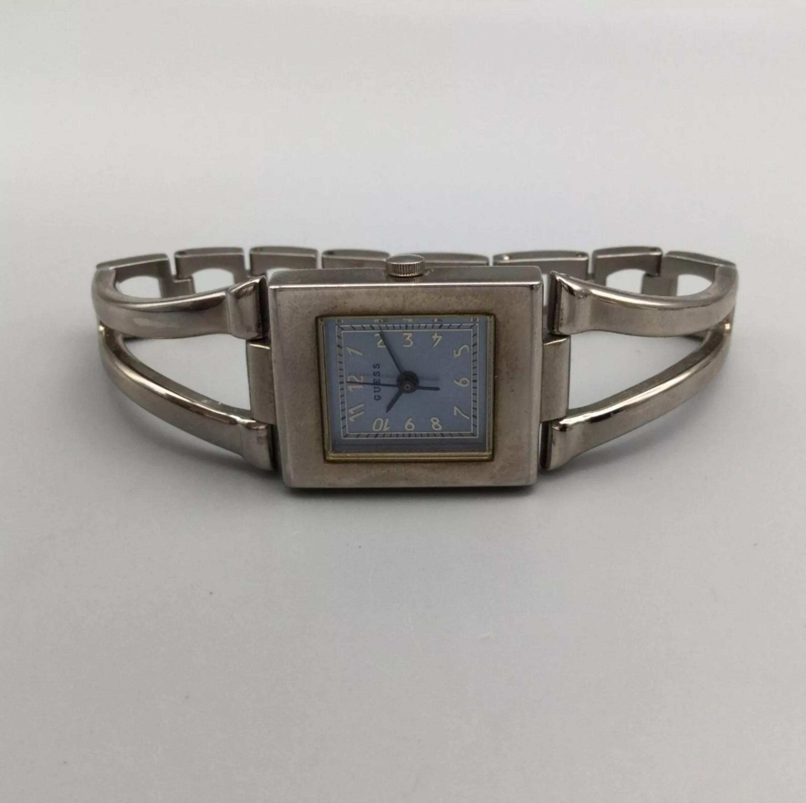 Vintage Guess Watch Women Silver Tone Square Blue Dial
