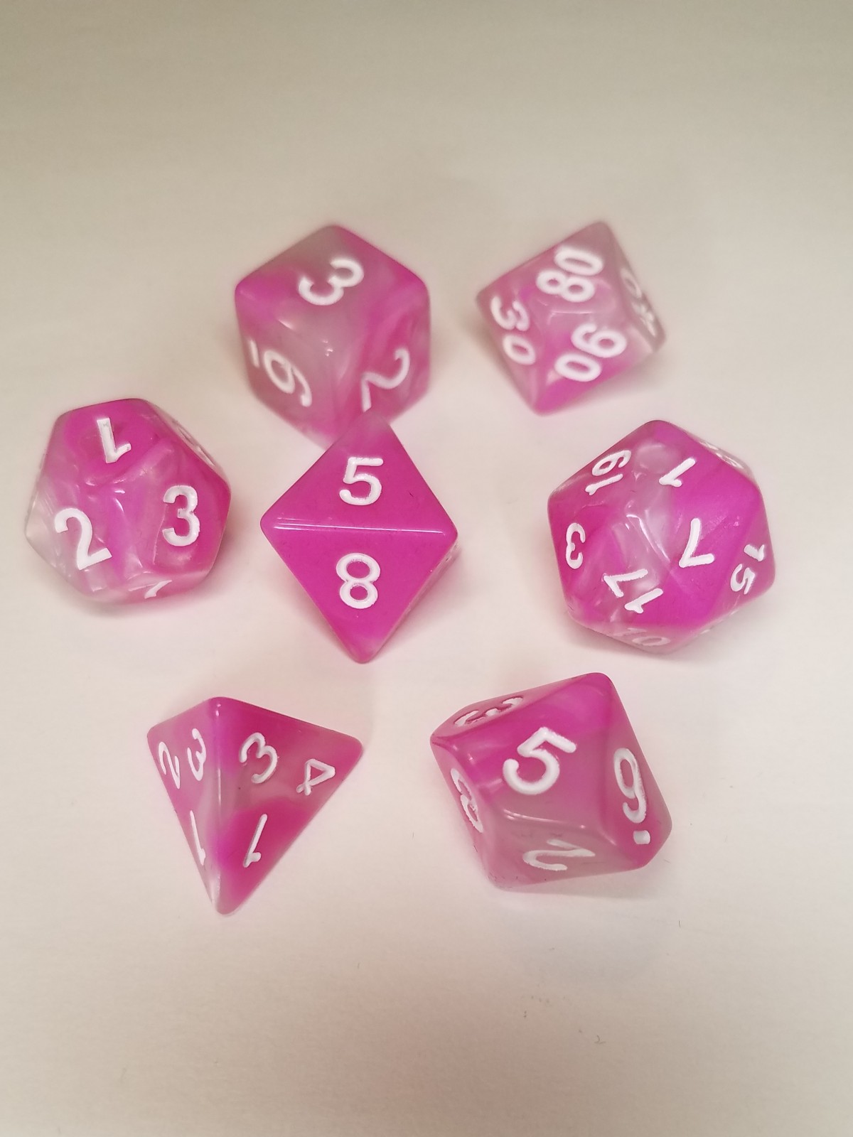 7 piece polyhedral dice Pink & Pearl Swirl dice set with bag