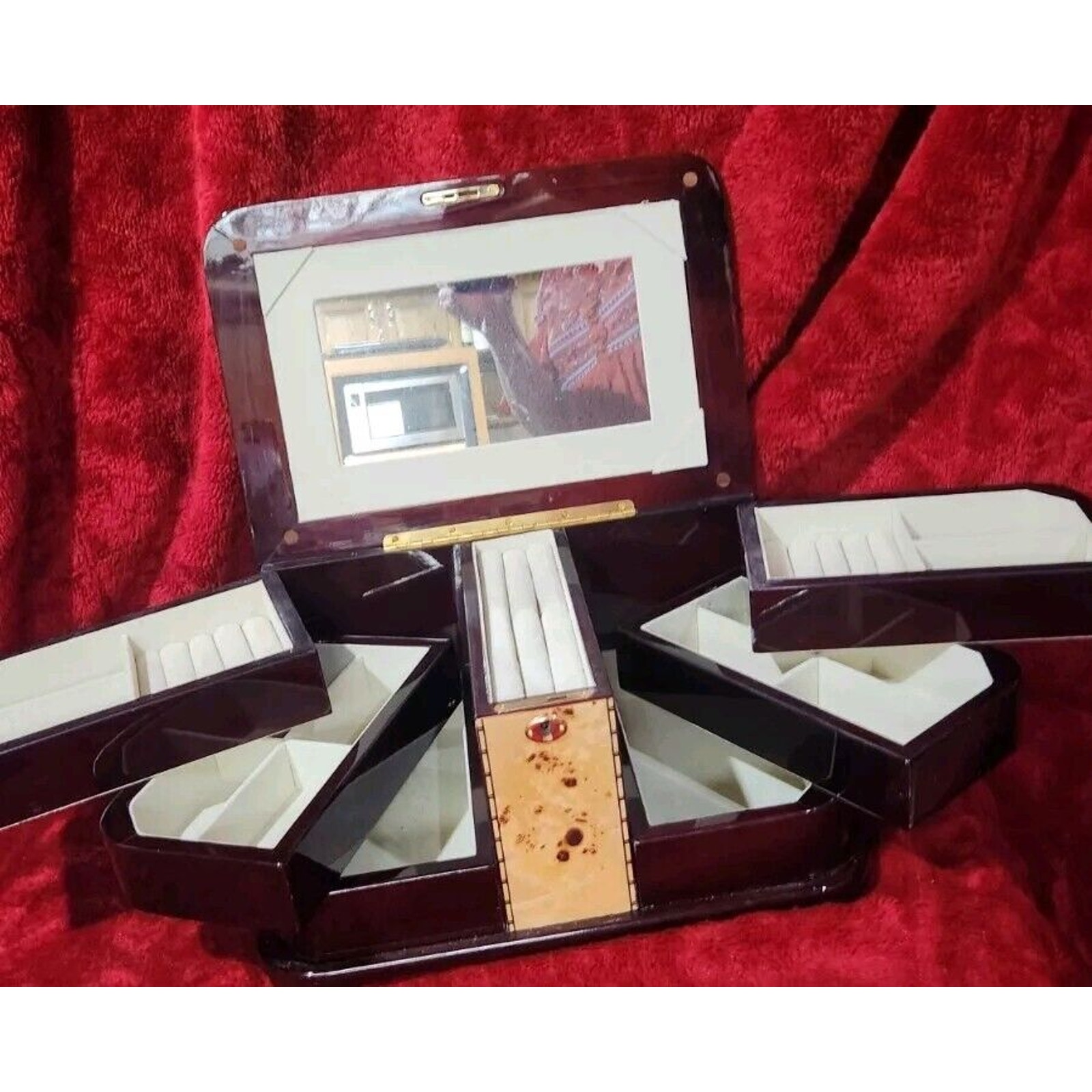 Jere Jewelry Chest Wood and Elm Burl Inlay Swing Out Sides