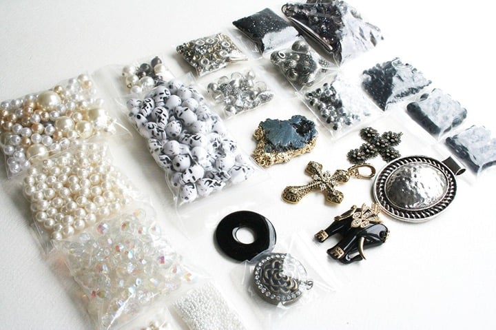 3 Jewelry making supply bundle bead lot findings glass, AB beads black white
