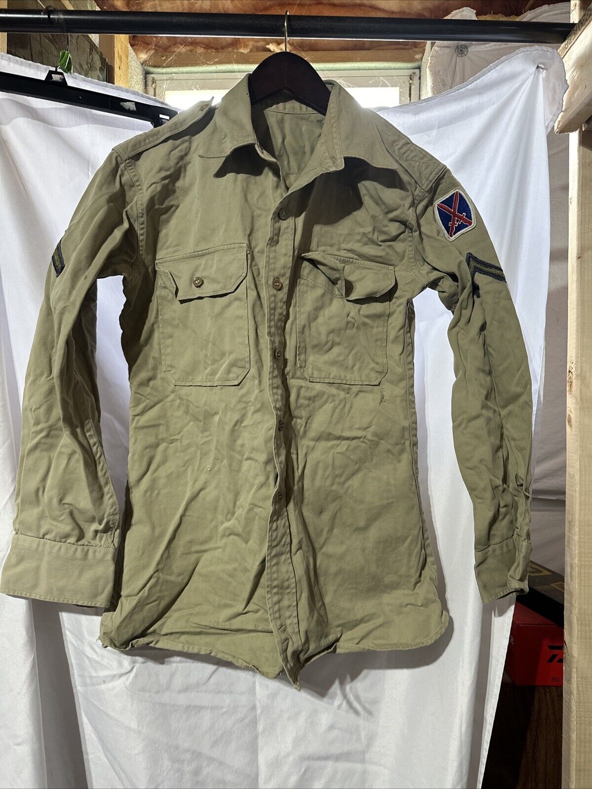 Vtg 1950s US ARMY Military Khaki Stand Up Collar Shirt Tan 10th Mountain