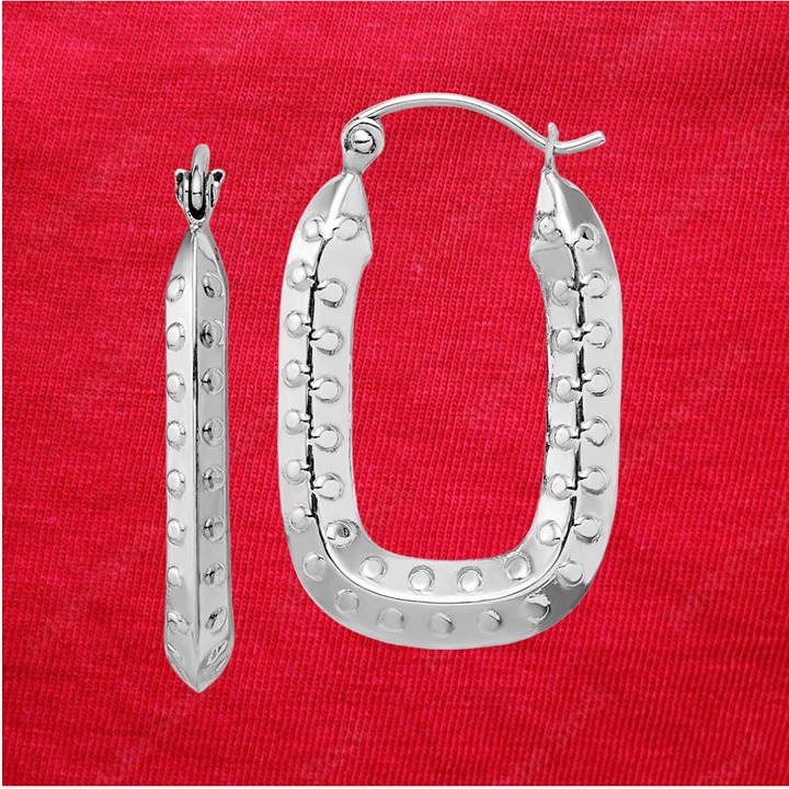 10k White Gold Polished Textured Rectangle Hoop Earrings