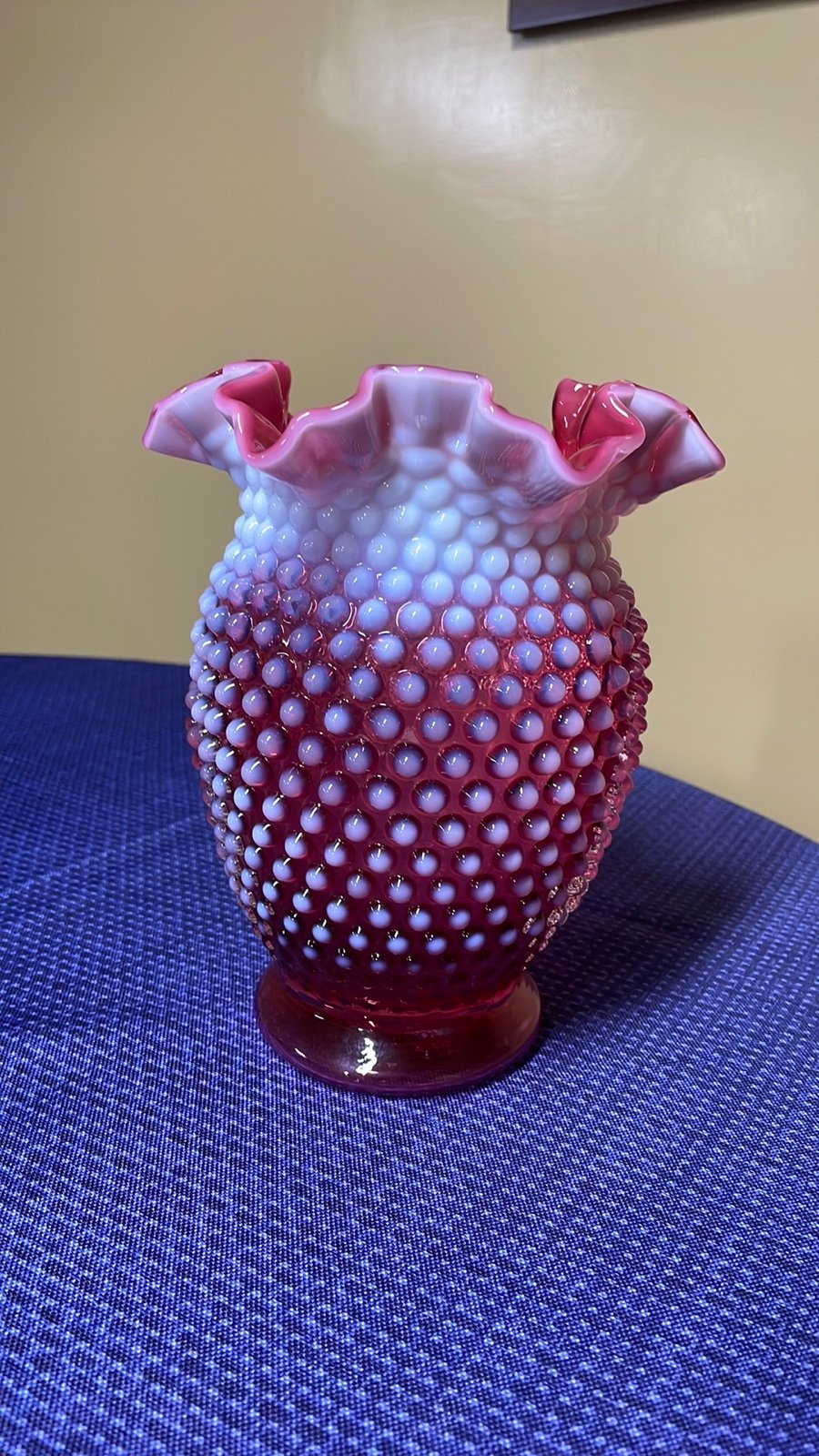Fenton Cranberry Opalescent Glass Hobnail Vase 8 inch Ruffled Top Edge
