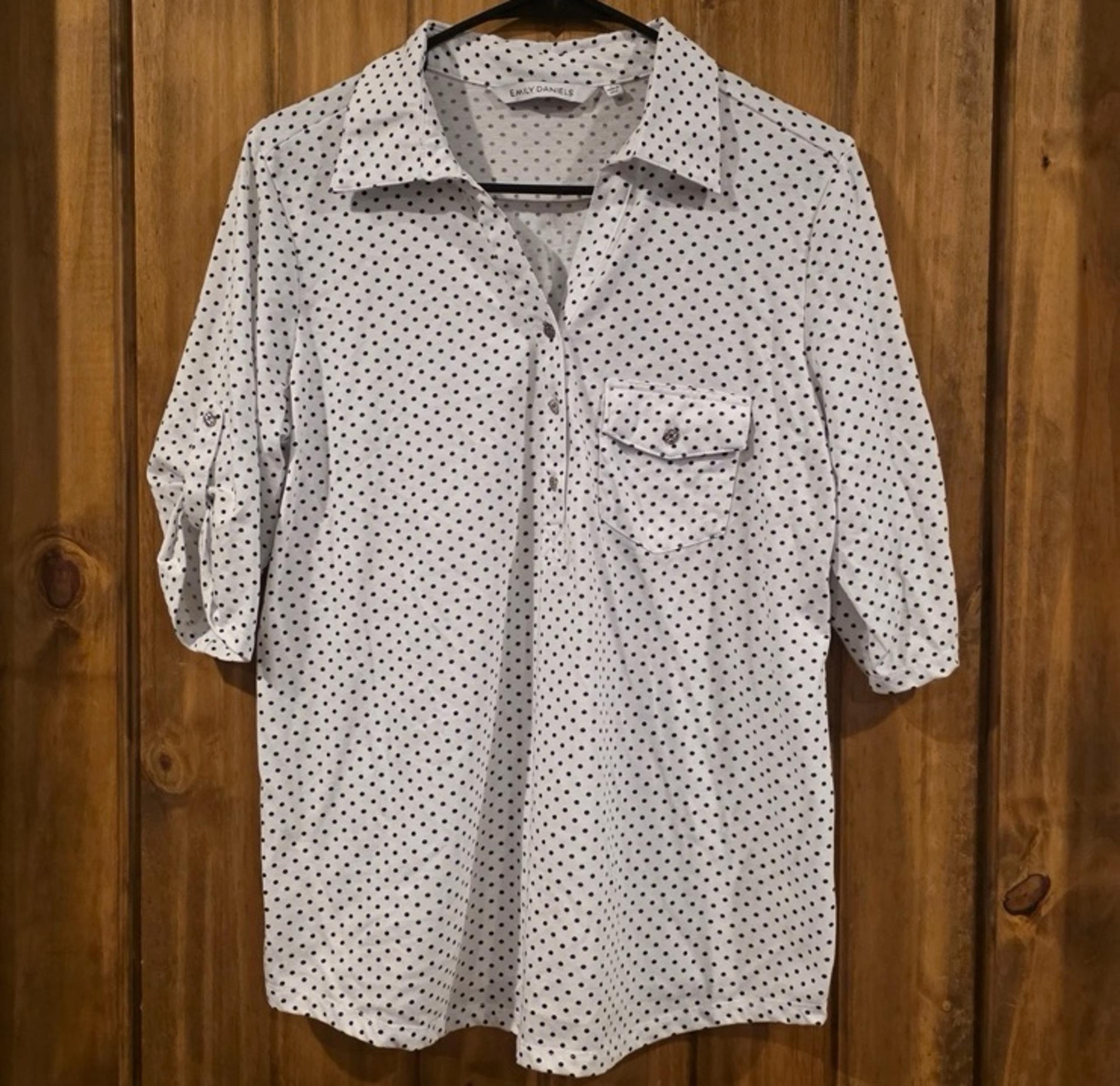 Emily Daniels Blouse Womens Large White Blue Polka Dote Beautiful Short Sleeve