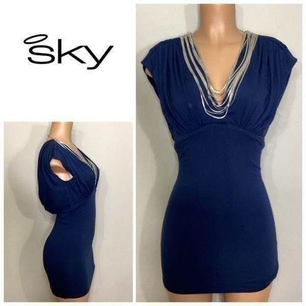 New. SKY navy mini dress with silver chains. Retails 224