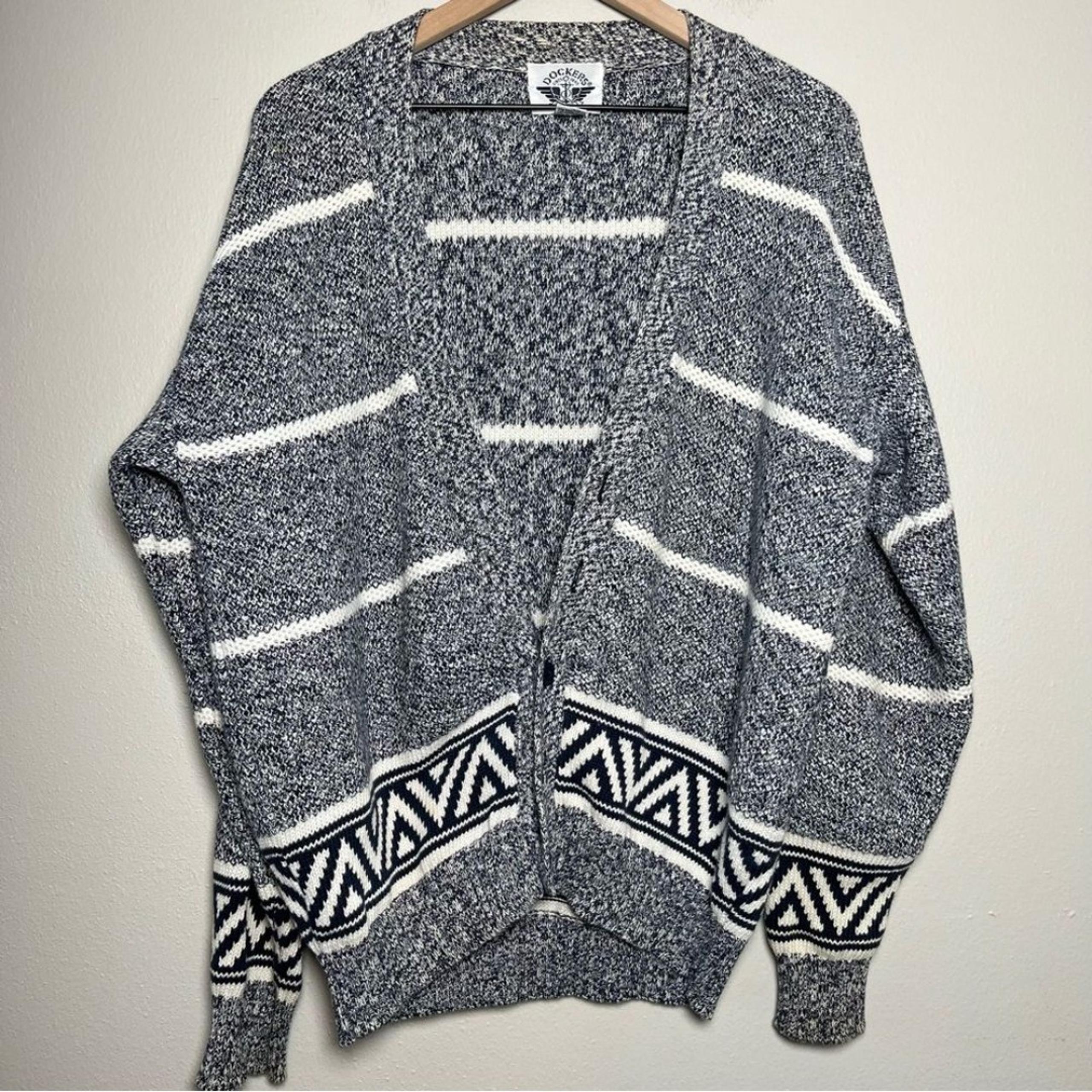 VTG Dockers Men Cardigan Sweater Large Preppy Gray Stripe Southwestern Outdoor