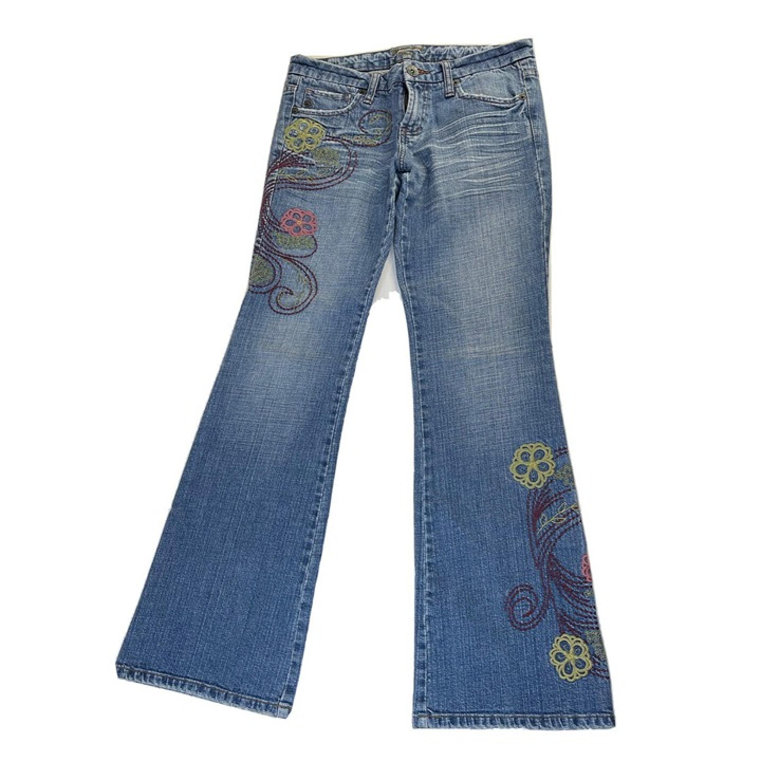 Vintage Womens 4/5 Rainbow Floral Stitched Faded Flare Jeans