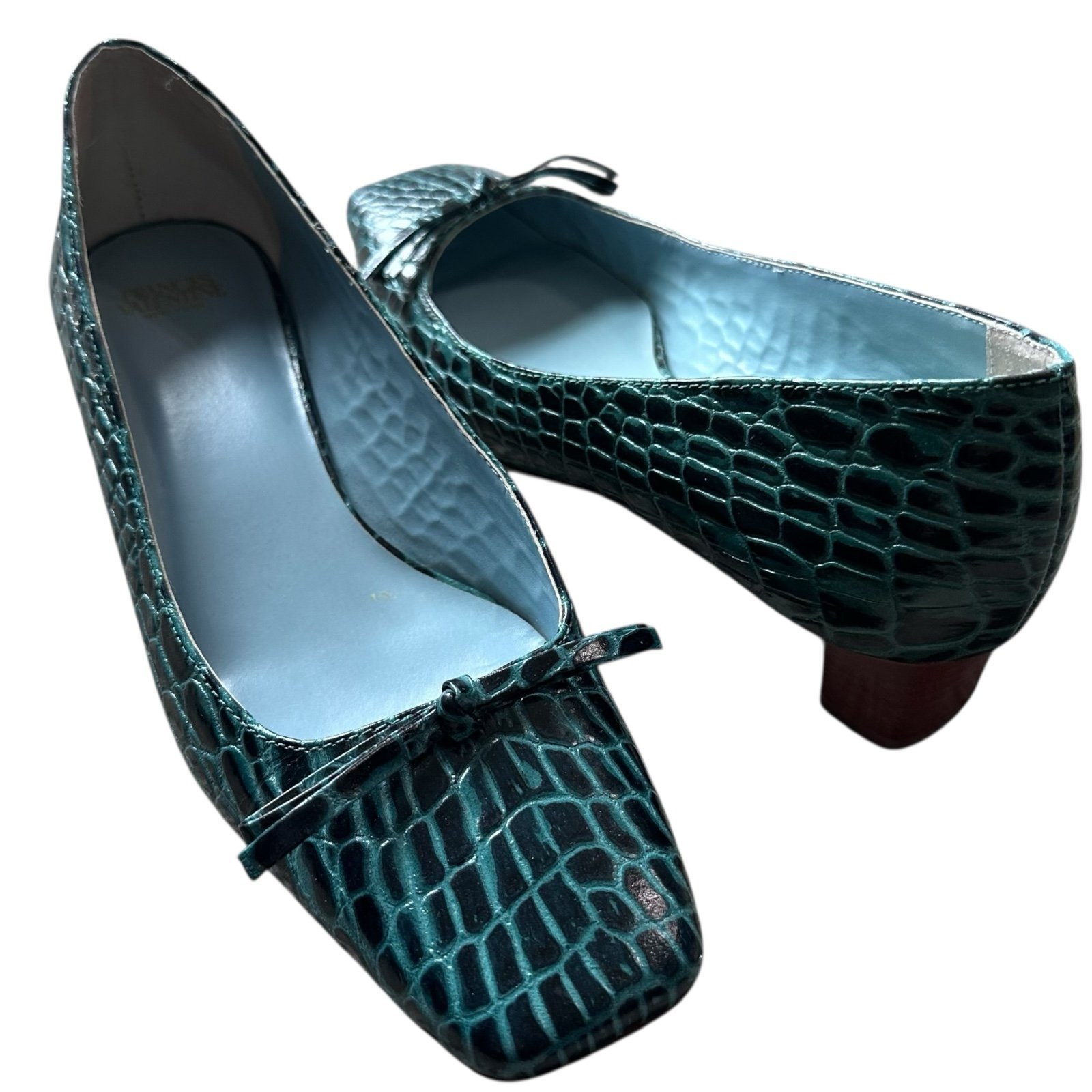 FRANCES VALENTINE Green Croc Block Heel Mary Janes Size 7B Pumps Square Toe