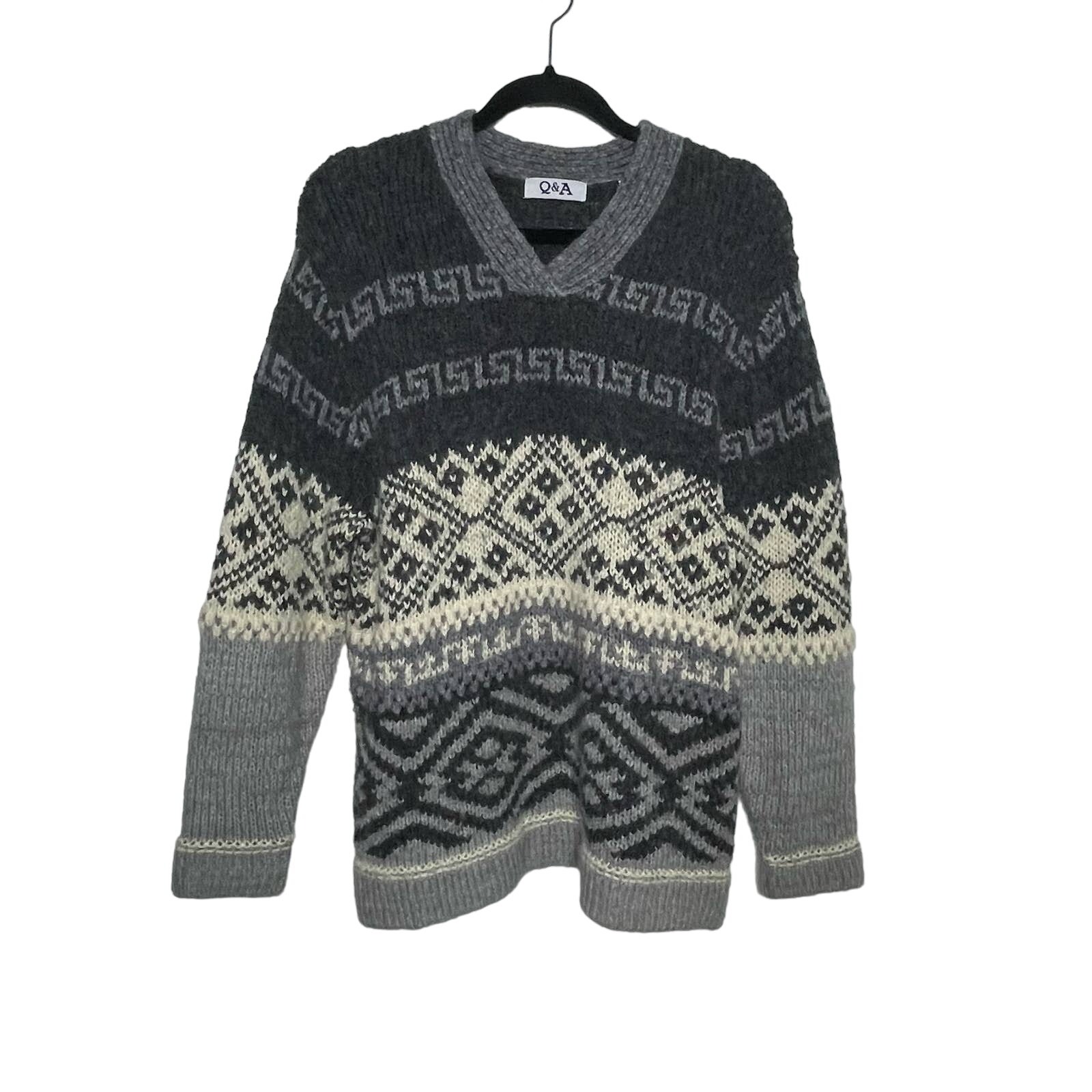 Q&A Ribbed Knit Sweater Fair Isle Long Sleeve V-Neck Pullover Wool Blend Gray M