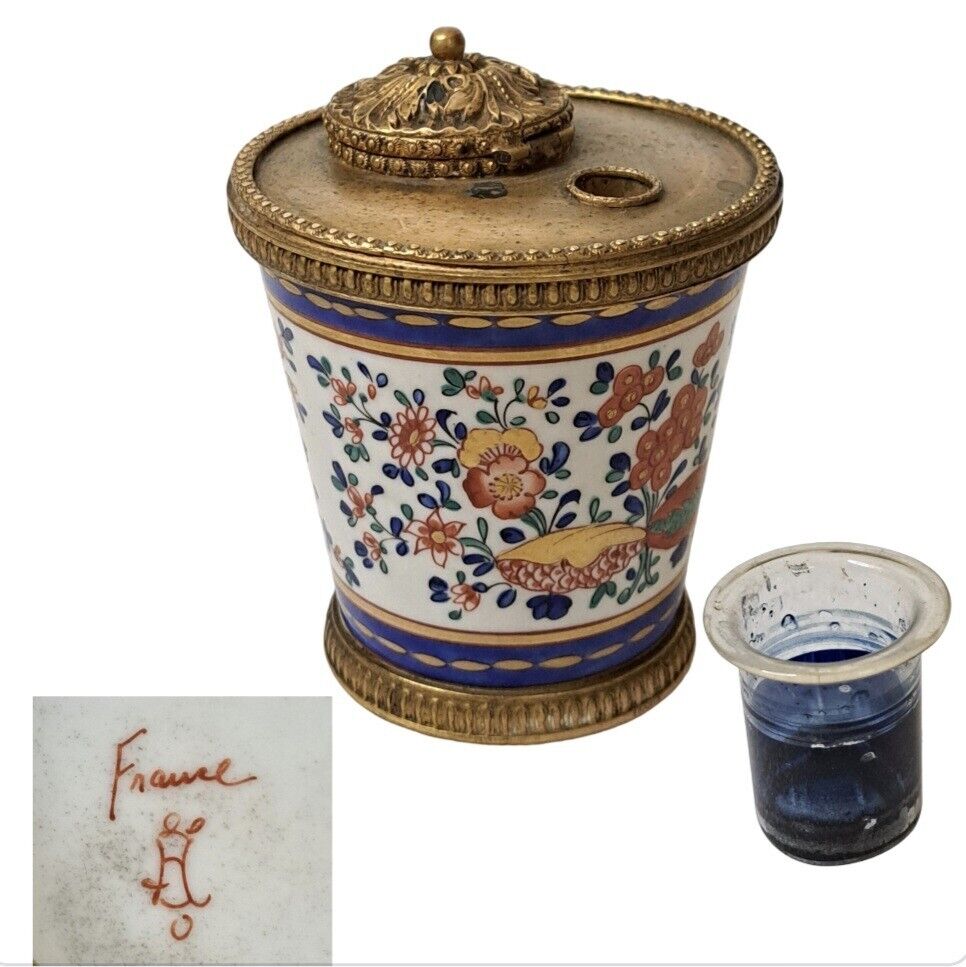 19th Century French Gilt Bronze and Hand-Painted Enamel Porcelain Inkwell Signed