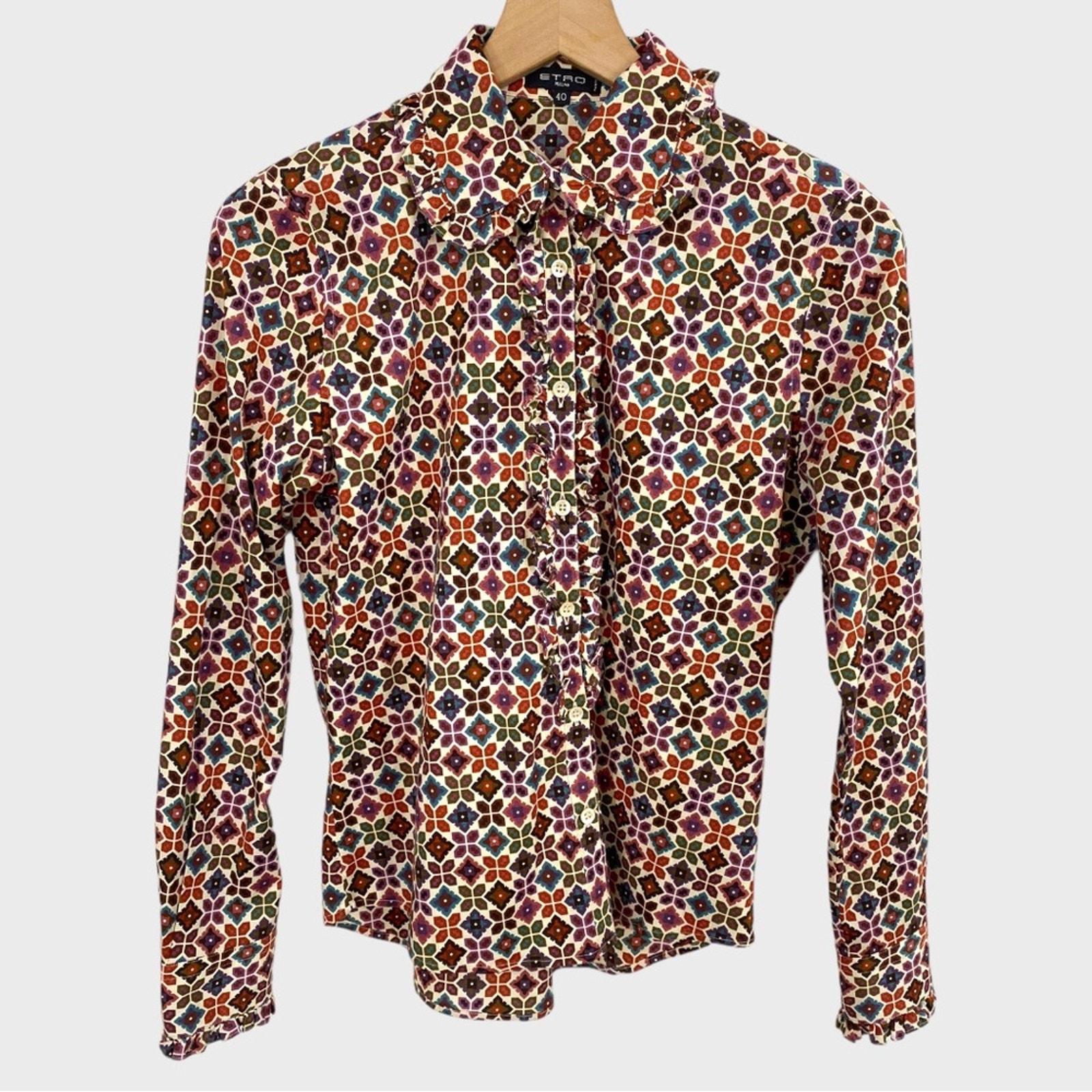 ETRO Multicolor Geometric Print Ruffle Trim Peter Pan Collar Button Down Shirt