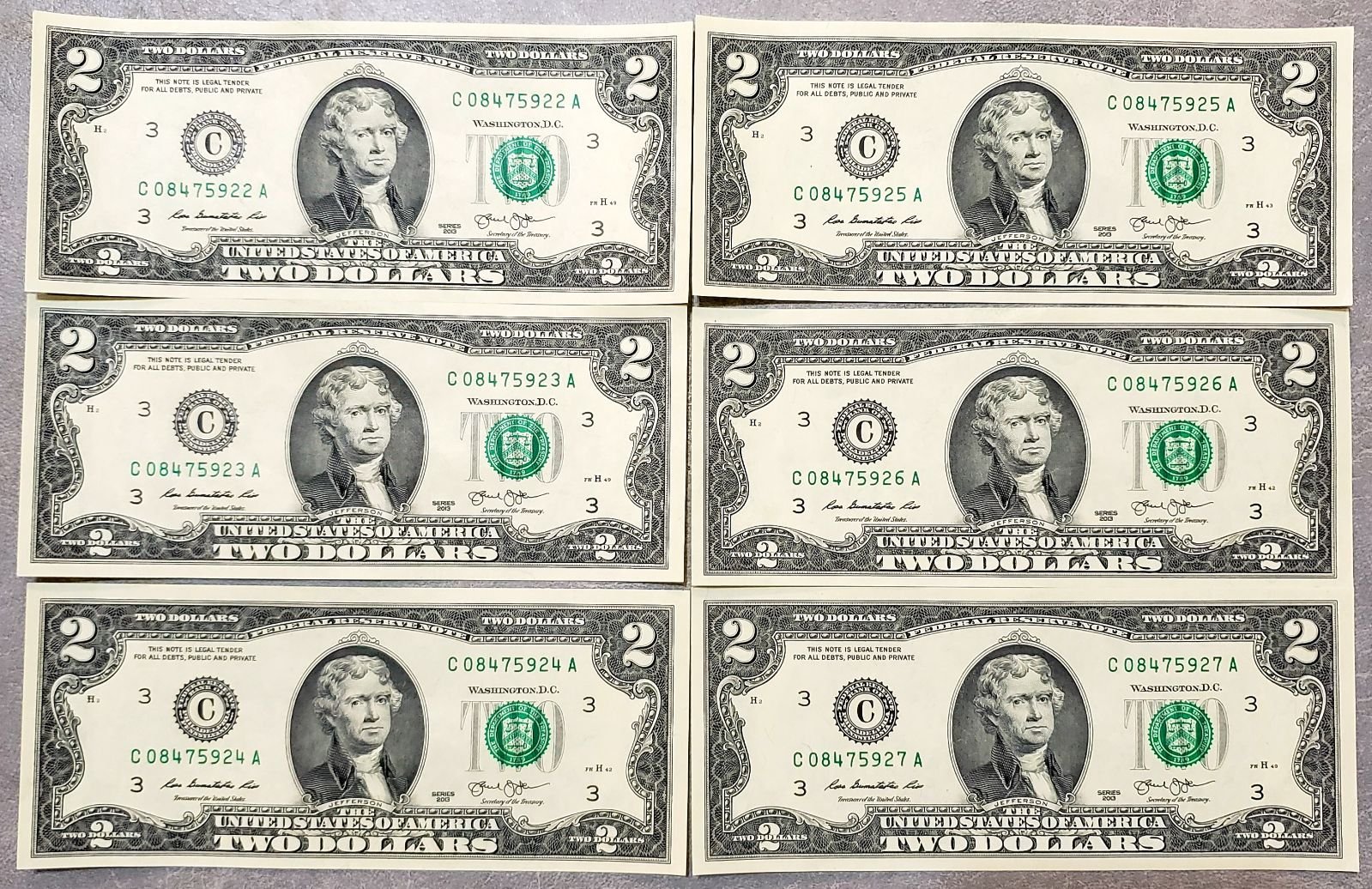 Six 2 bills consecutive serial numbers