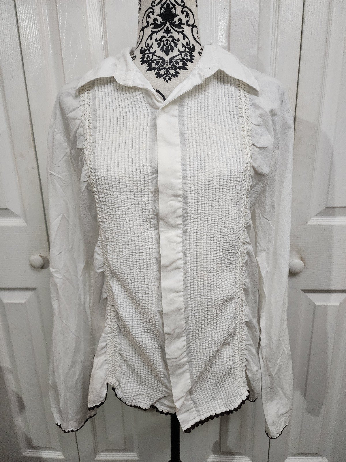 Rare Vintage Just Cavalli Cotton White Ruched Pintuck Button Down Top