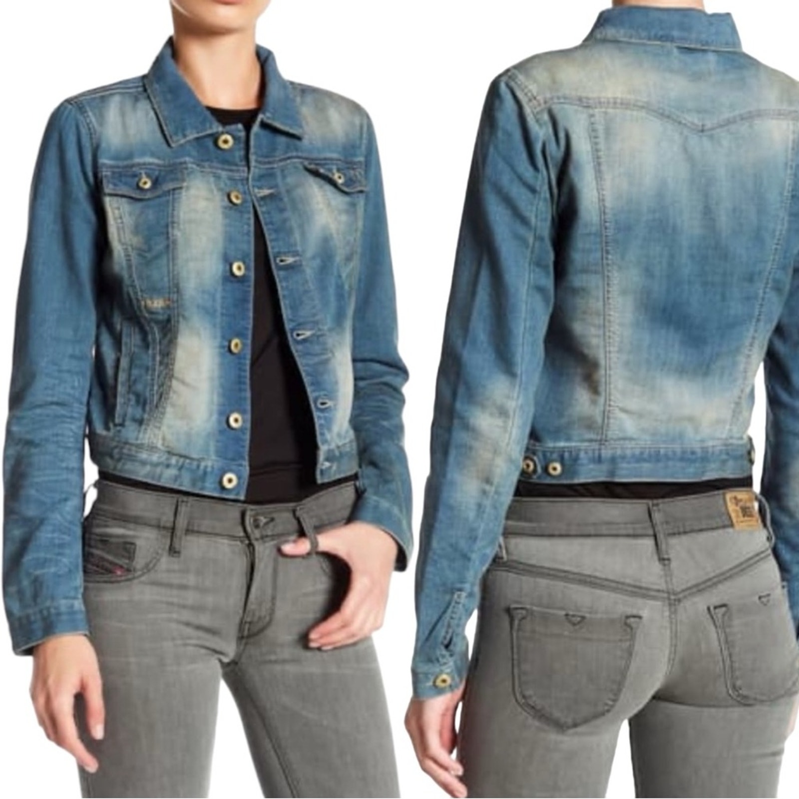 Diesel Fringi NE Denim Jean Jacket Women’s Small Leather Logo Stretch Fitted Y2K