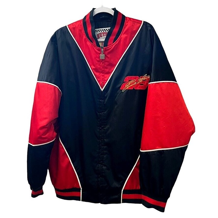 Ernie Irvan Nascar Racing Jacket #28 Sz XL Satin Bomber Nutmeg Embroidered Vtg