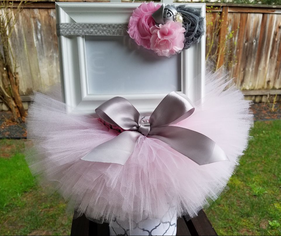 GIRL TUTU & HEADBAND GRAY PINK SIZE 2T